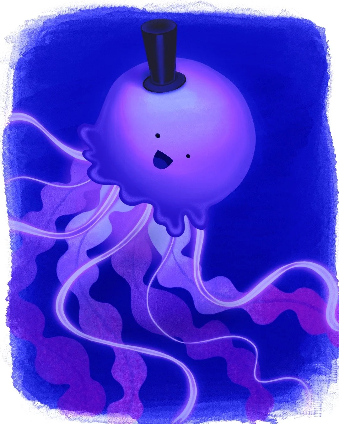 A cartoon jellyfish with a happy face, wearing a black top hat, glowing purple tentacles in a dark blue background.