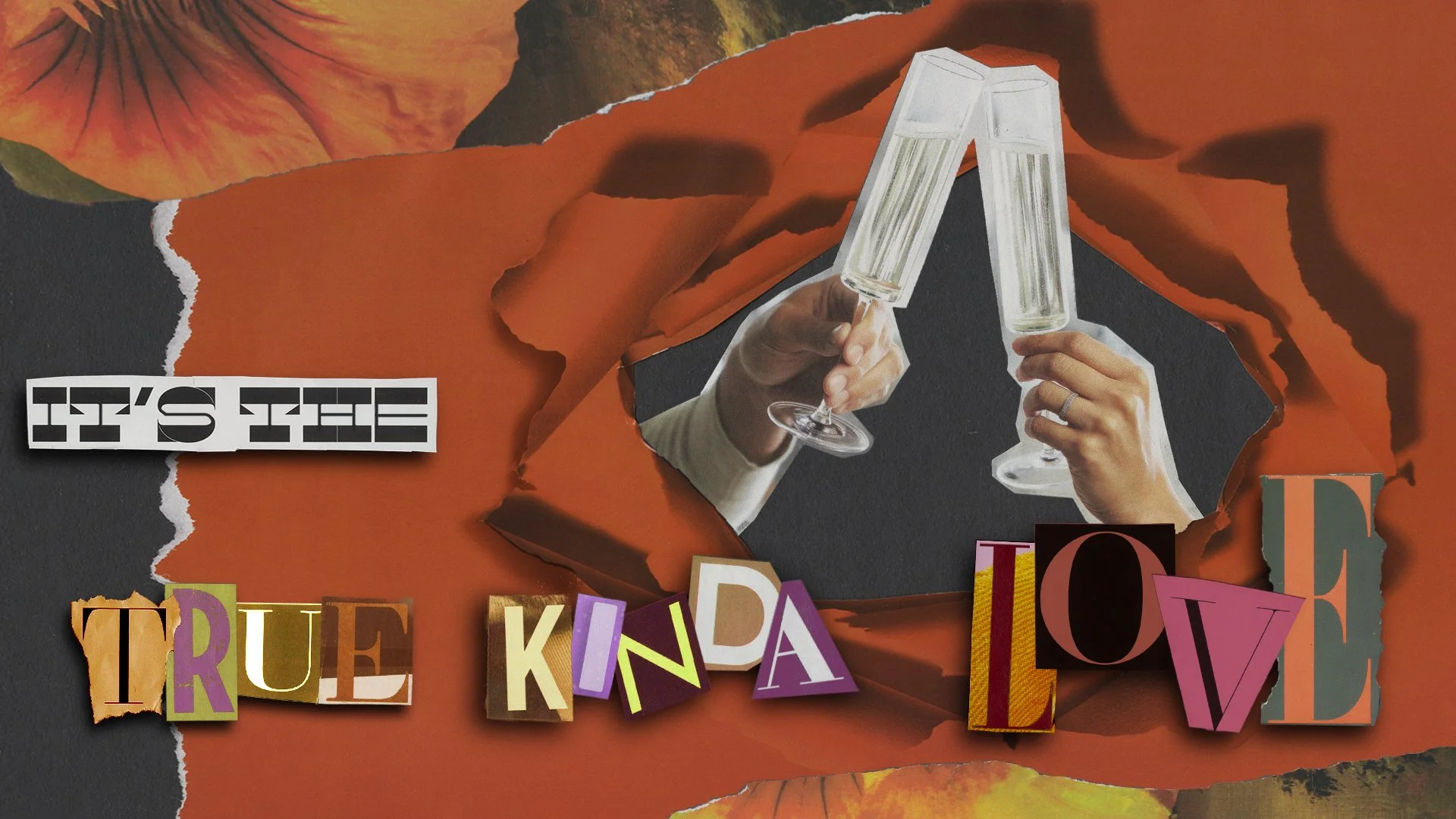 Collage featuring a torn paper background, the central image depicts two hands holding champagne glasses toasting.