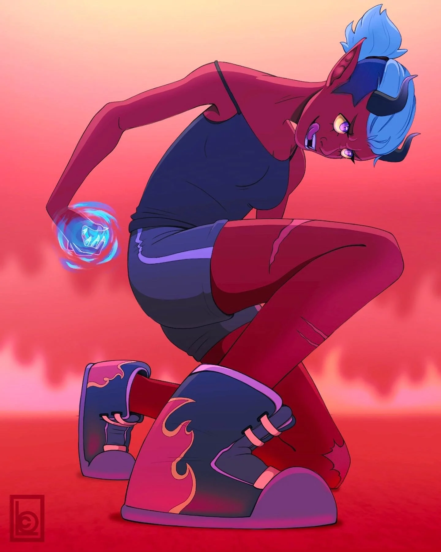 Red skinned demon with blue hair and horns, powering up her blue fire magic. Also dressed in a tank top, high tops and short shorts.