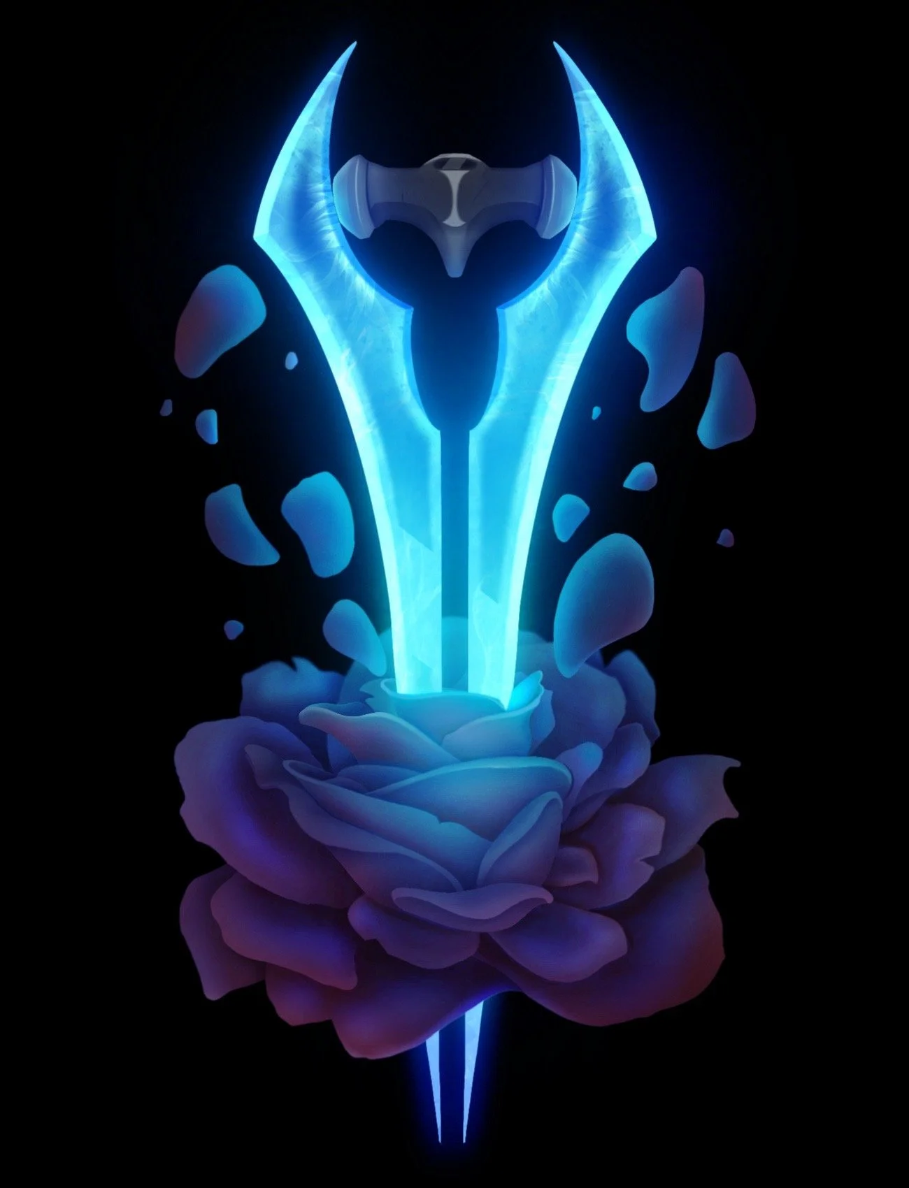 A neon blue and purple glowing energy sword, piercing a rose.