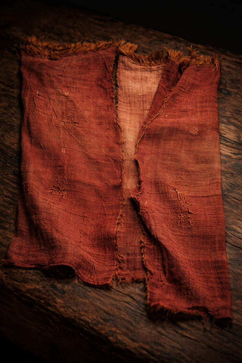 Worn crimson cloth on aged wood.png