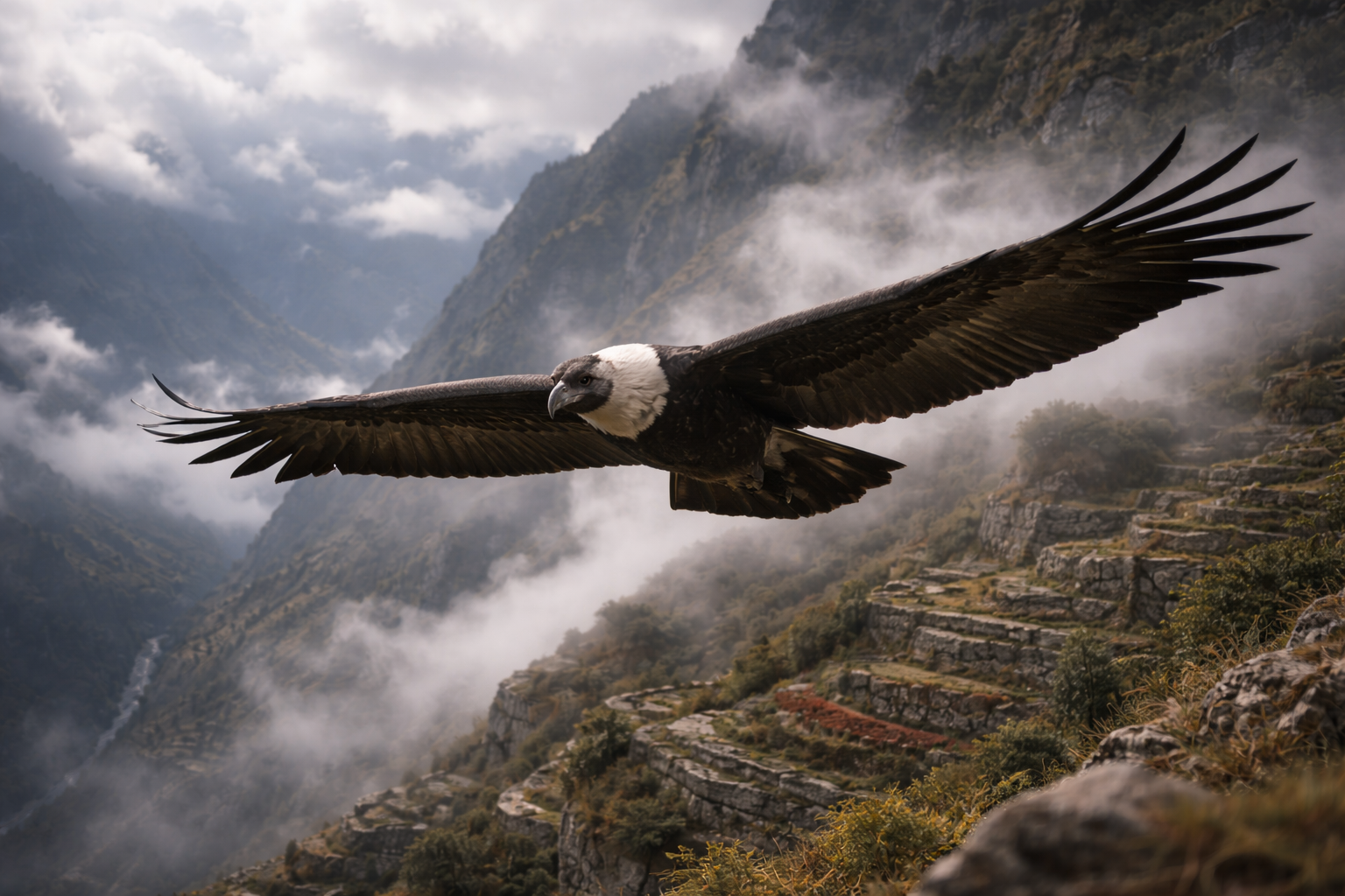 Soaring Kuntor above terraced mountains Kuntor Fauna.png