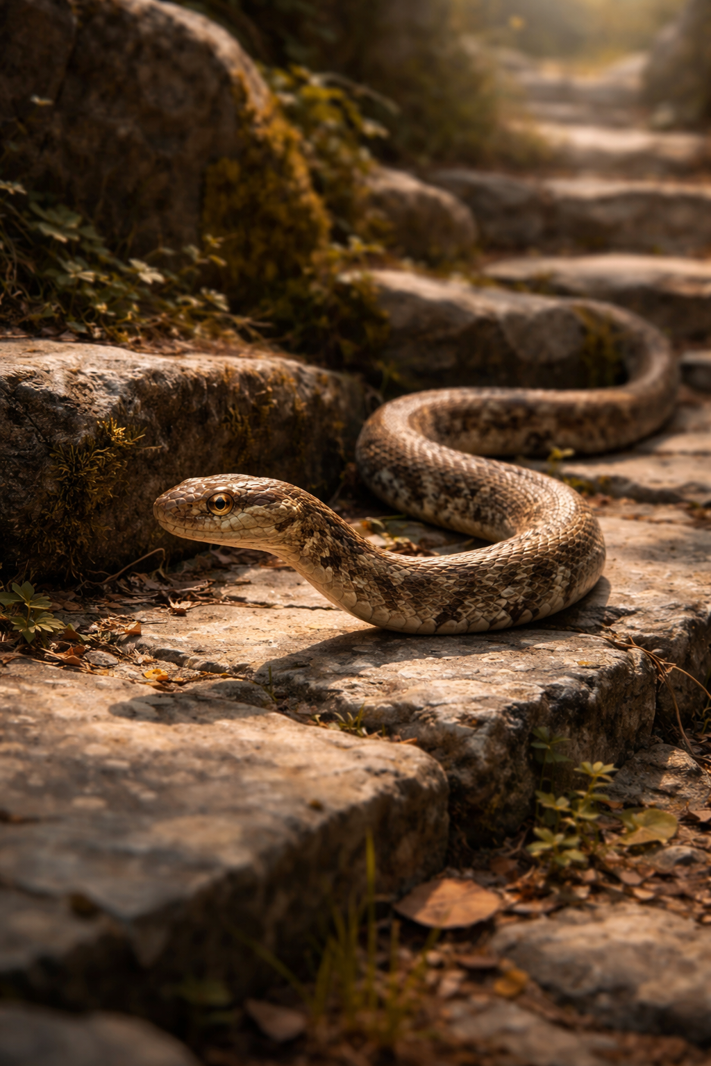 Sesha snake on moss-covered stones Sesha Fauna.png