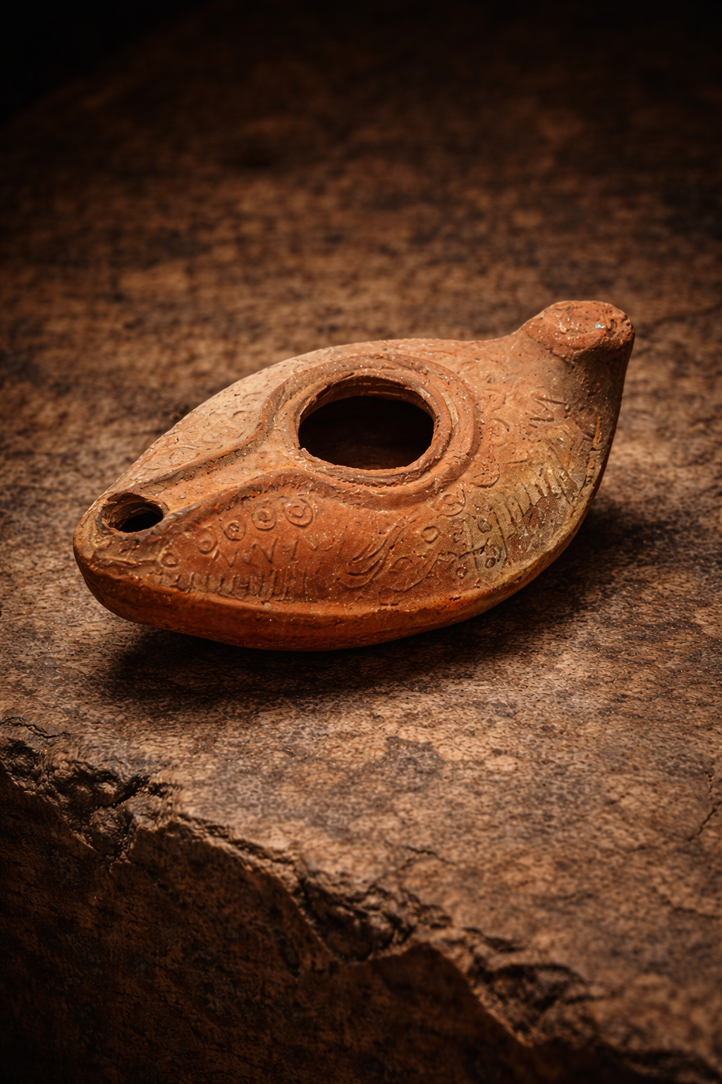 Ancient terracotta oil lamp close-up.png