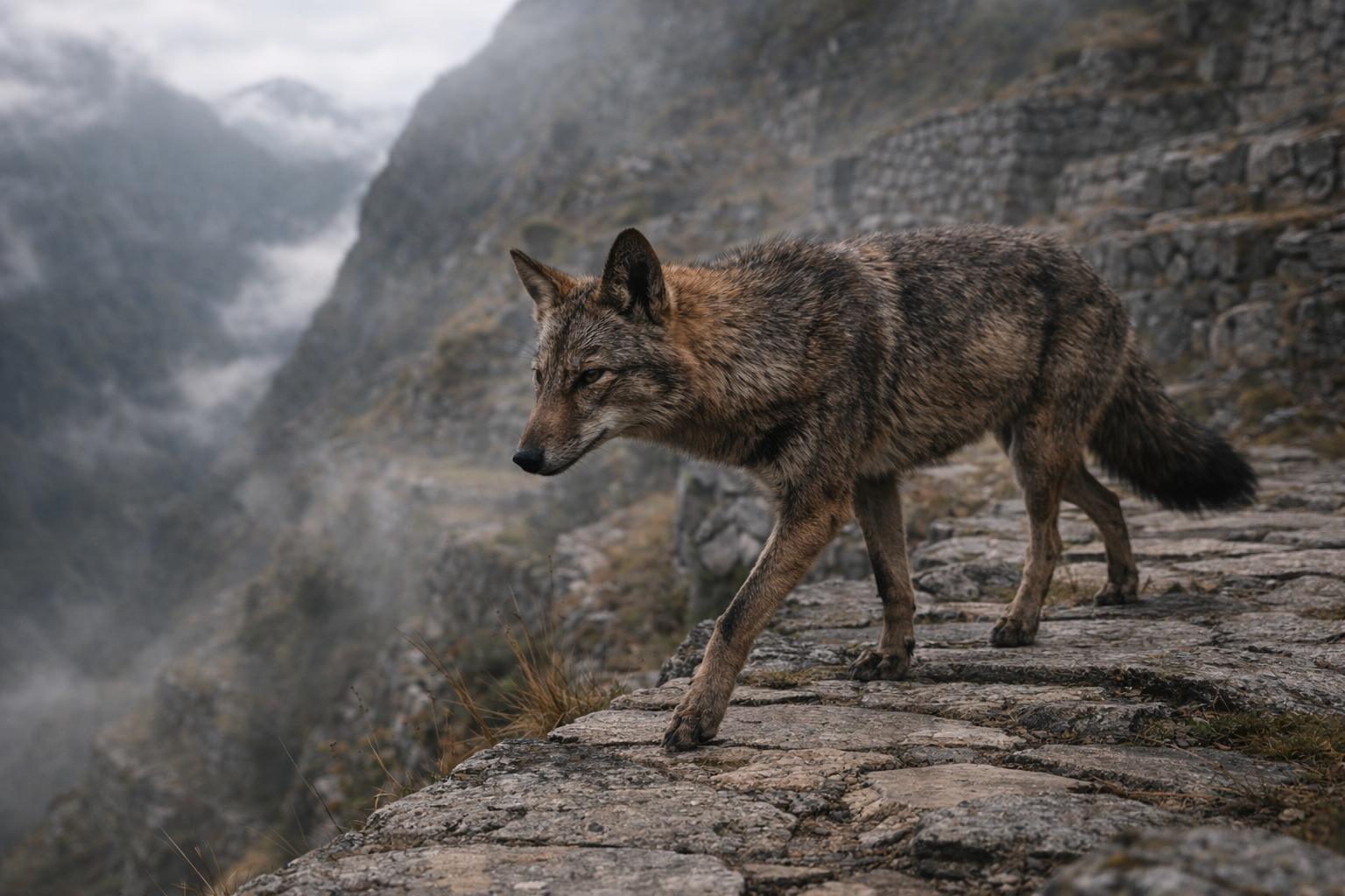 Stealthy strides on rugged mountain path Draeth Fauna.png