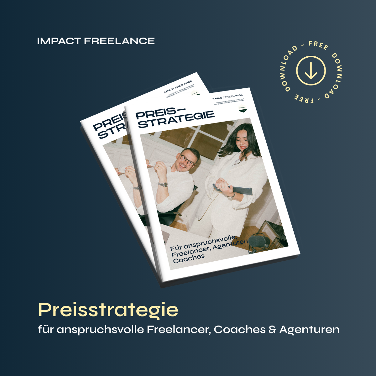 Buchcover mit der Überschrift 'Preistrategie' und einem Bild eines Mannes und einer Frau in einem Büro, die lachen. Untertitel: 'Für anspruchsvolle Freelancer, Agenturen, Coaches'.