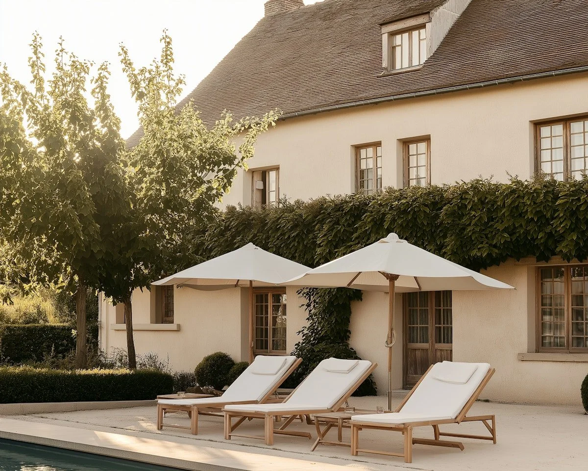 Luxury home with swimming pool, three lounge chairs, two umbrellas, surrounded by trees and greenery.