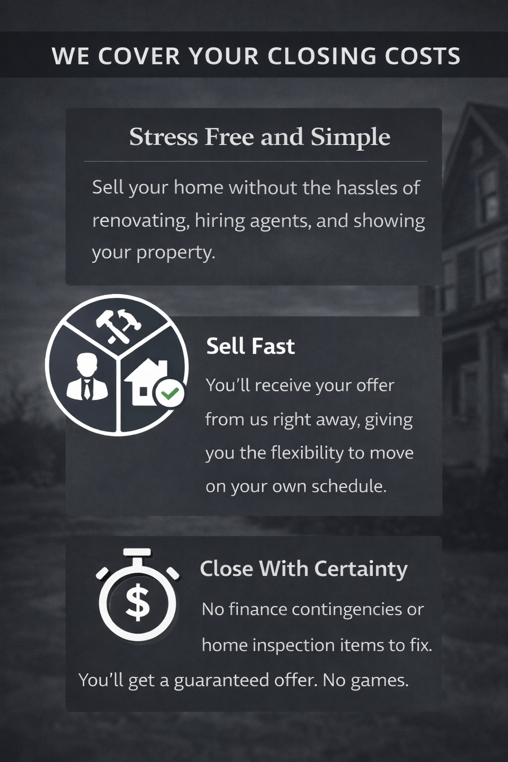 Advertisement for a real estate service highlighting stress-free selling, quick offers, and guaranteed terms.