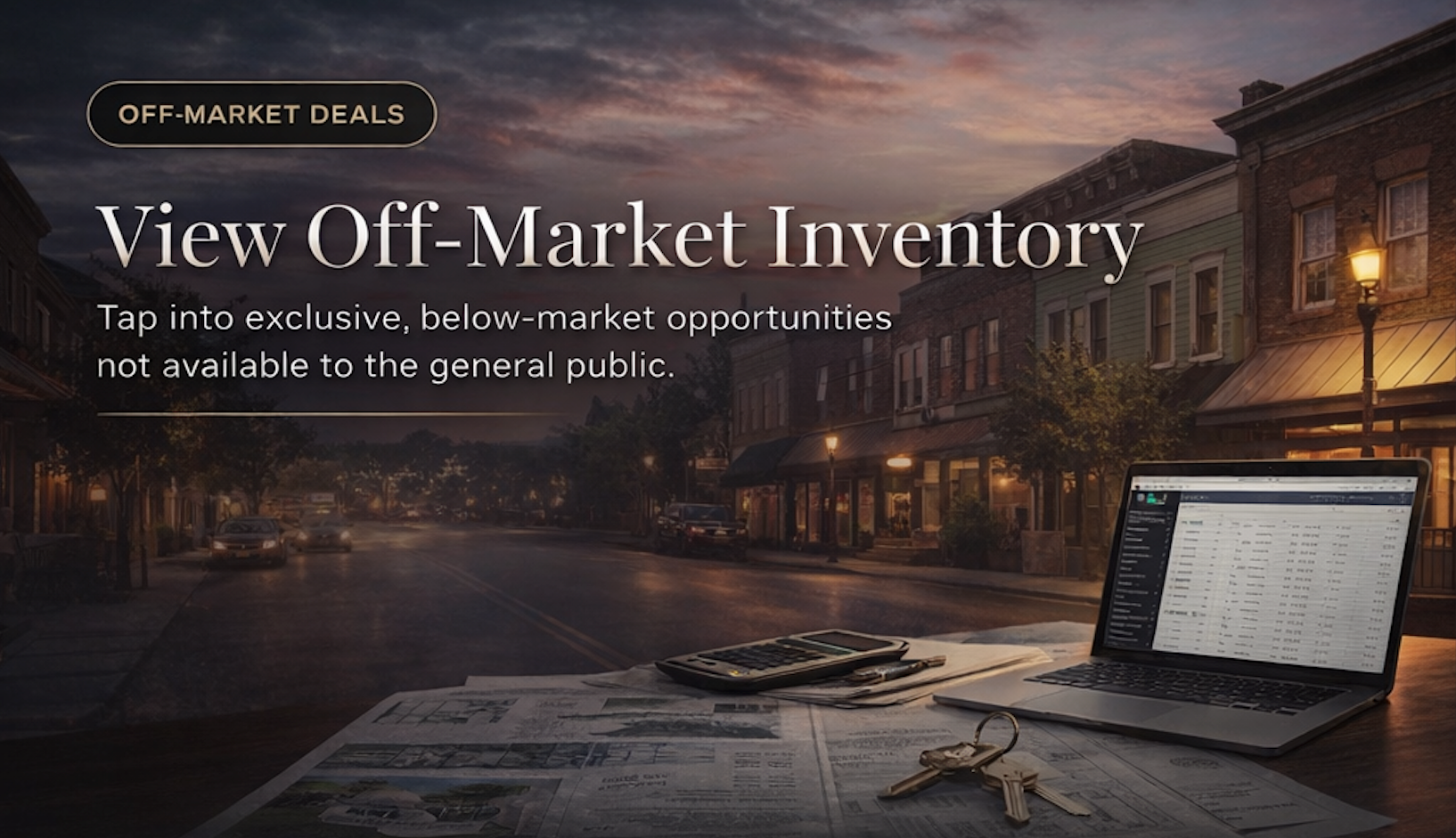 A digital graphic promoting viewing off-market inventory with a background of a calm, sunset-lit town street. In the foreground, there is a desk with a laptop displaying a spreadsheet, a calculator, a set of keys, and some papers.
