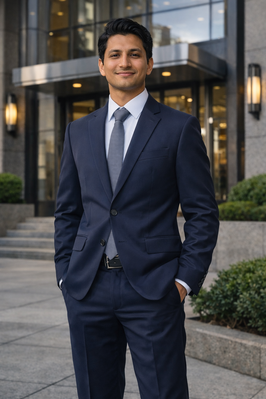 A confident young man in a navy blue business suit standing outside a modern office building with large glass windows, smiling and with hands in pockets.