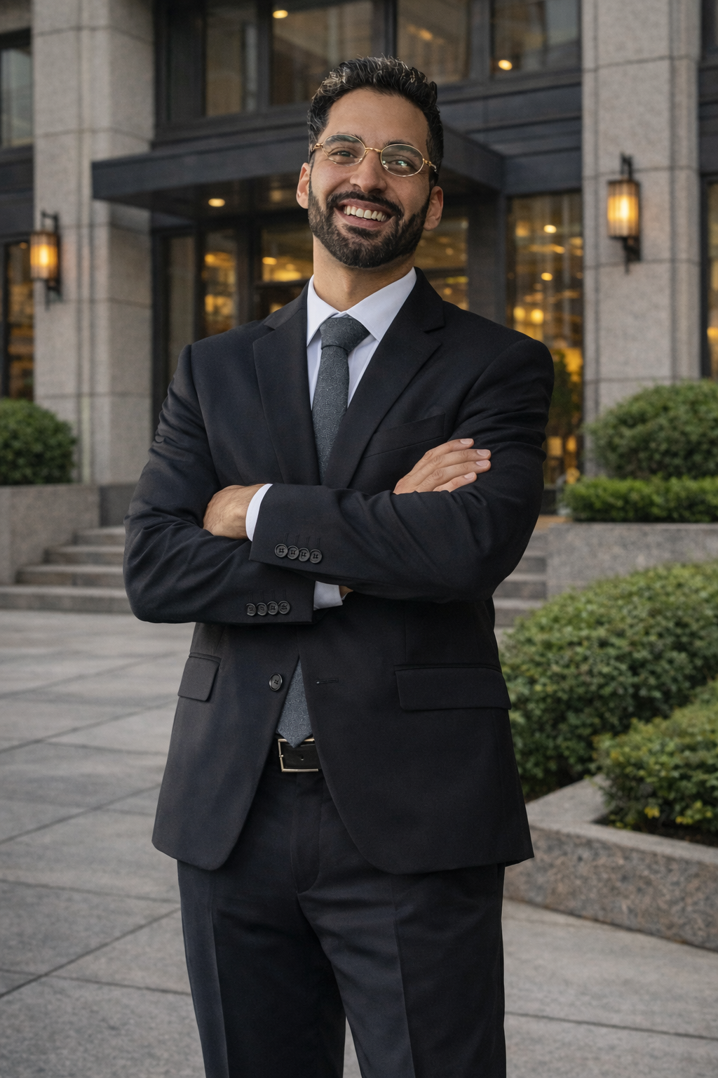 A smiling man in a black suit and glasses standing with arms crossed outside a modern office building.