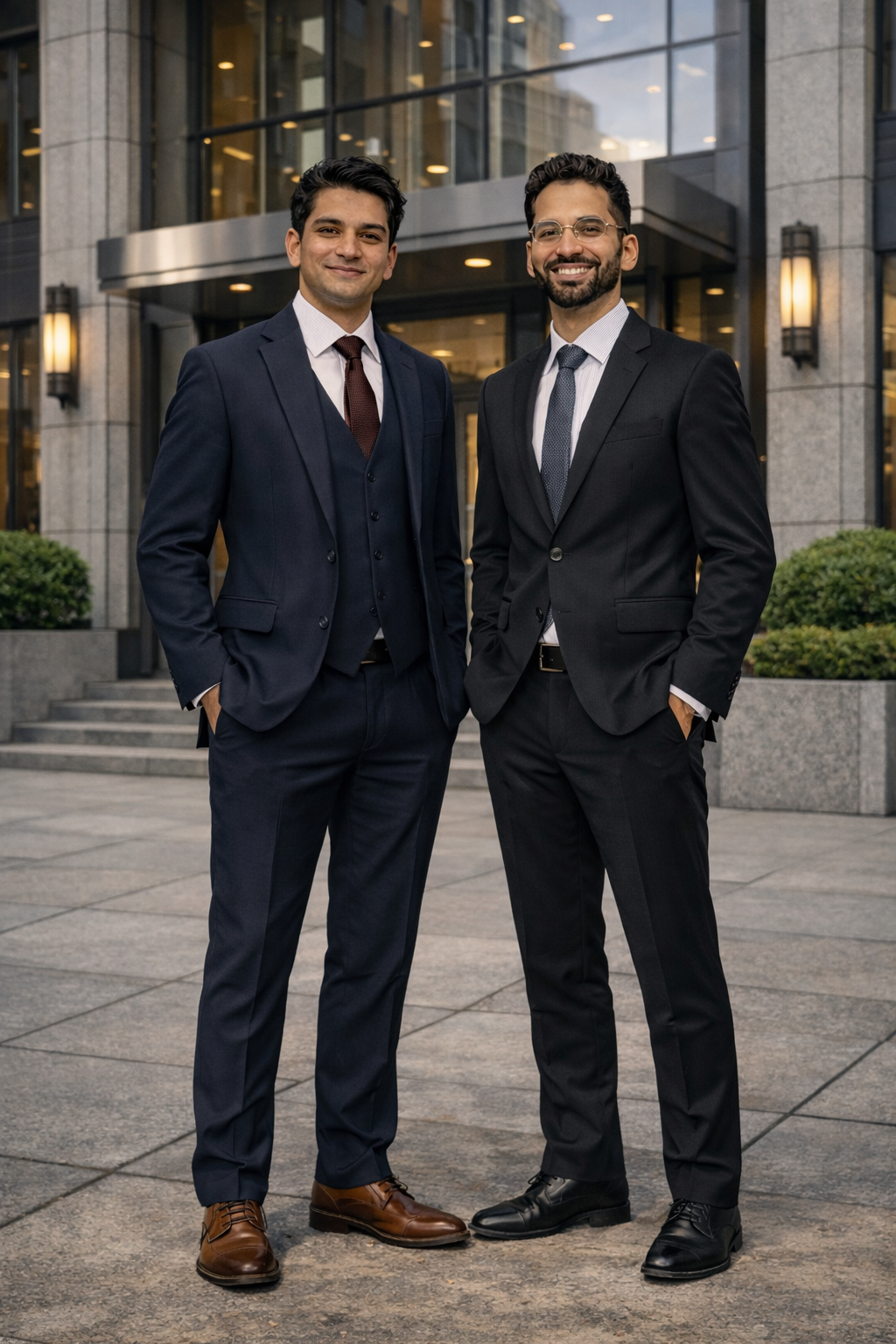 Two professionally dressed men standing outside a modern office building, smiling at the camera.
