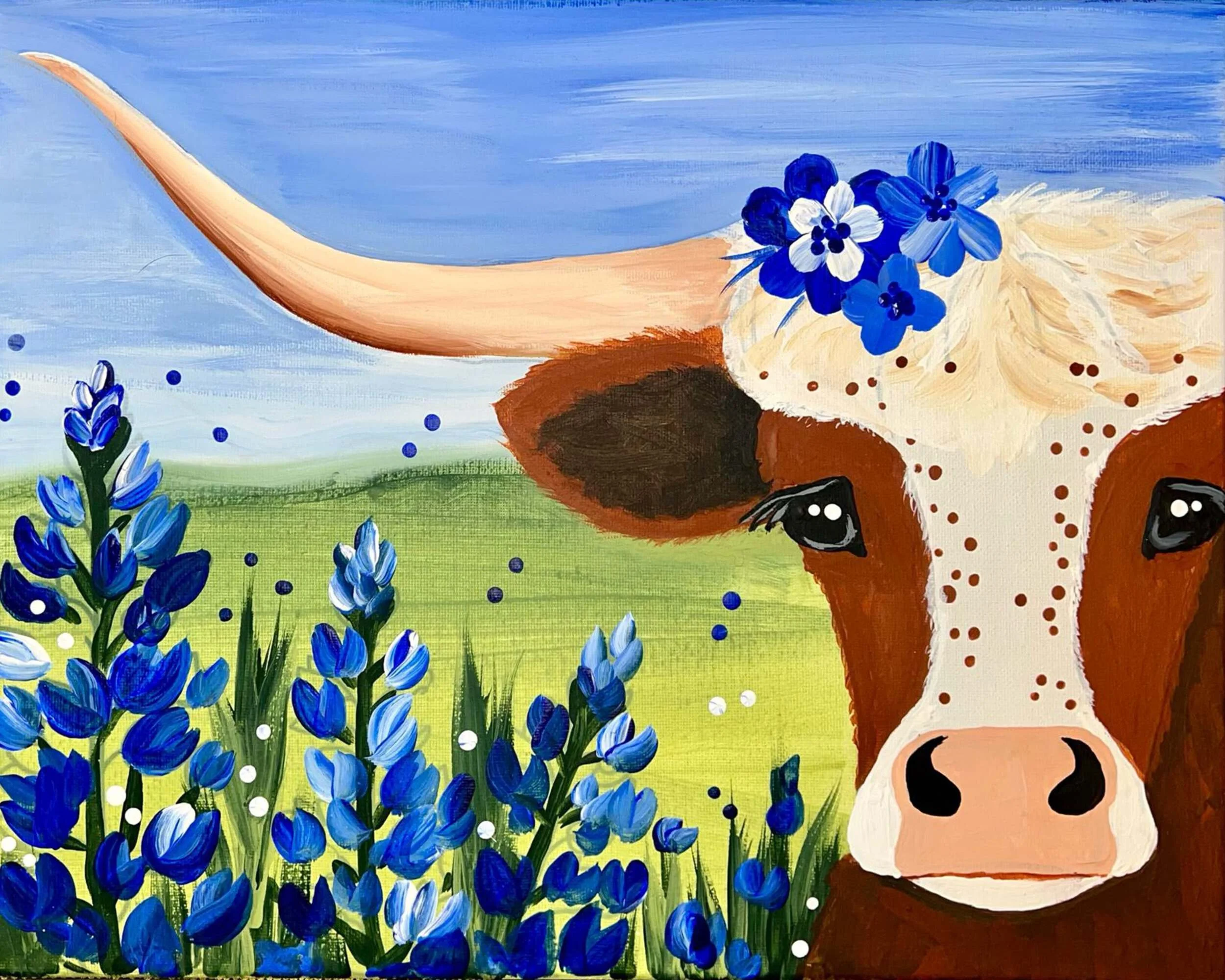 Painting of a cow with blue flowers on its head, standing in a field of blue flowers, with a light blue sky background.