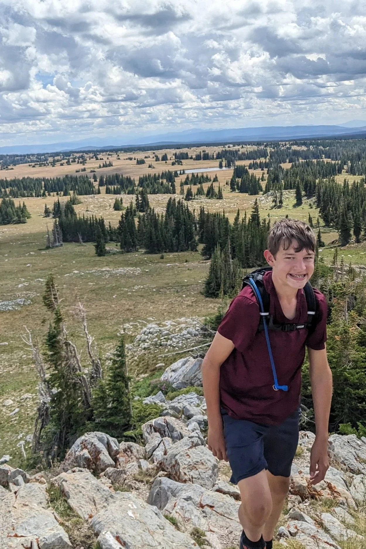 A boy with a backpack hiking on rocky terrain in a scenic landscape with trees, open fields, and cloudy sky.
