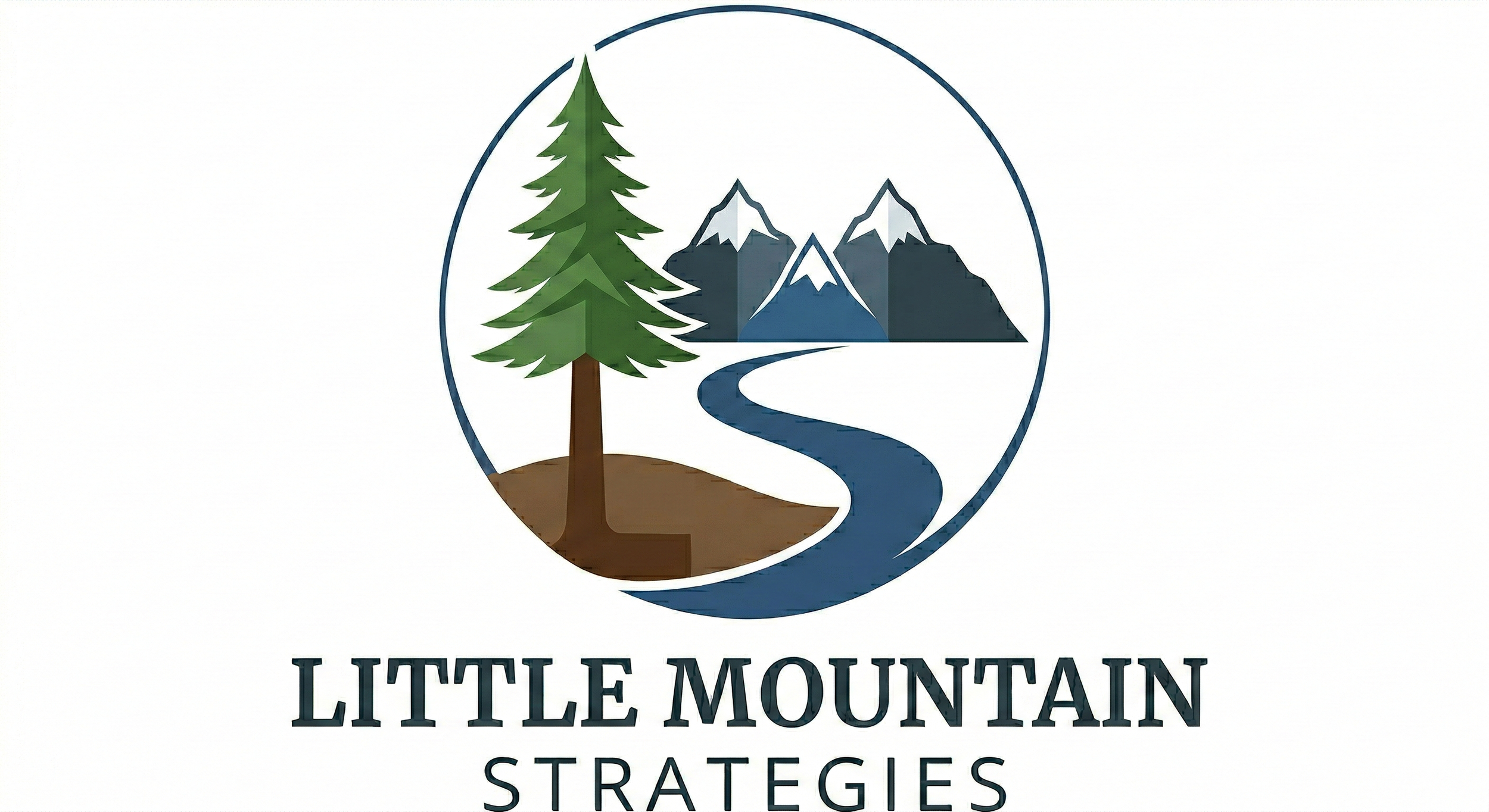 Logo with a green pine tree, a mountain with snow caps, and a winding river, with the text 'Little Mountain Strategies' below.