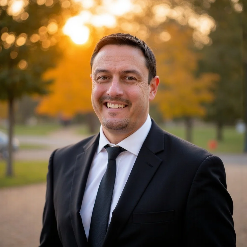 A smiling man in a black suit, white shirt, and black tie standing outdoors during sunset with trees in the background showing fall foliage.