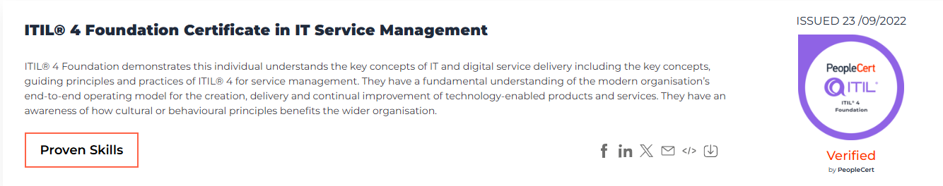 ITIL 4 Foundation Certificate in IT Service Management document with PeopleCert logo, issued date 23/09/2022, and 'Proven Skills' highlighted in a red box at the bottom left.