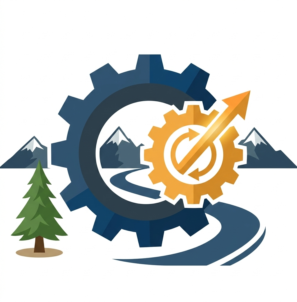 An illustration of a large gear with a smaller gear inside, with mountains, a winding road, and a pine tree in the background. The smaller gear has an upward arrow indicating growth or progress.