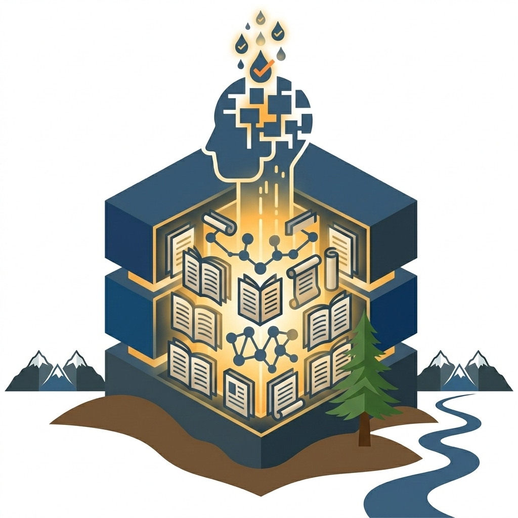 An abstract illustration of a person with a brain made of connected blocks and a checkmark, symbolizing mental health or knowledge. Below are books, documents, and scientific icons, representing education and research, with a mountain landscape and a river in the background.