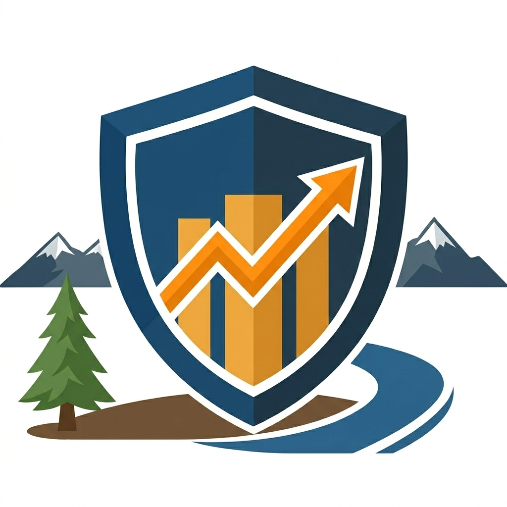 A shield with a rising arrow and bar graph inside, set against a background with mountains, a pine tree, and a winding road, symbolizing protection and growth.
