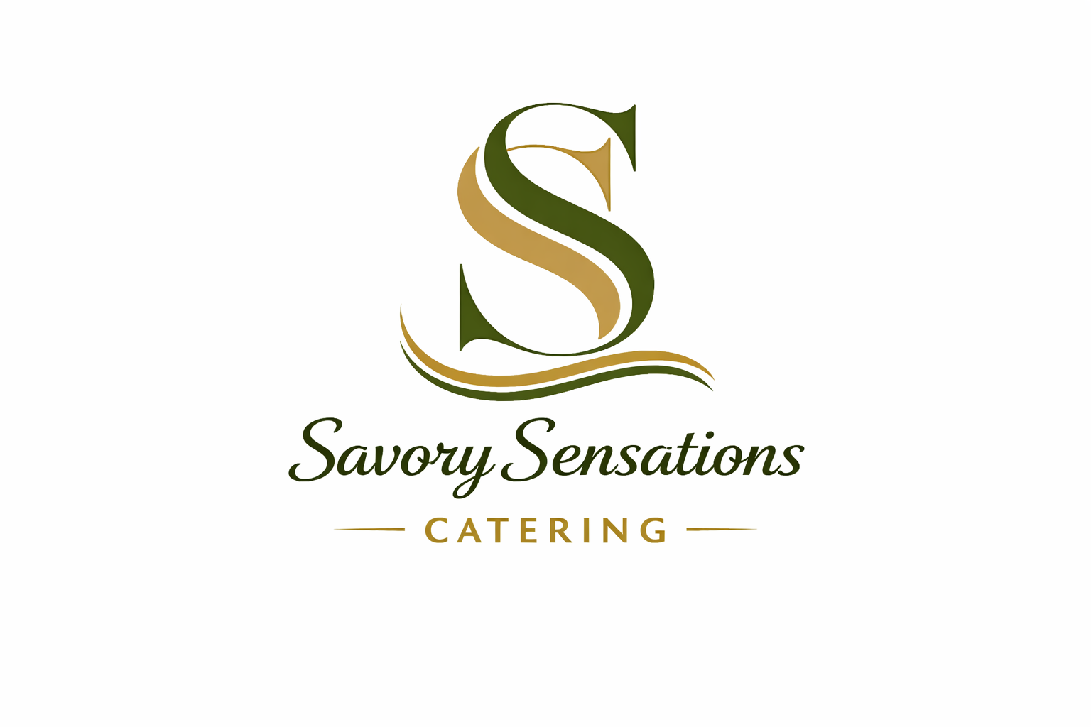 Logo for Savory Sensations Catering featuring a stylized letter S with leaf and wave design, in green and brown colors, with the company name and 'Catering' written below.