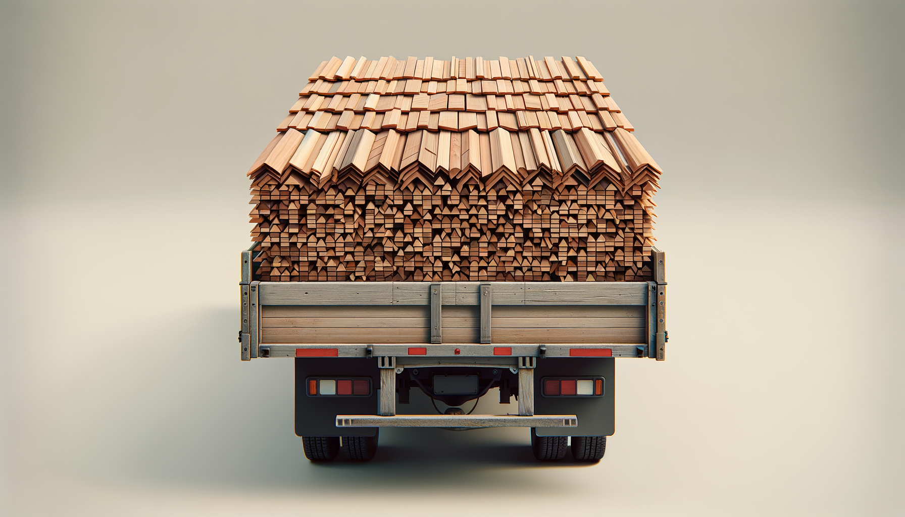 Truck loaded with stacked wooden roof shingles against a plain background.
