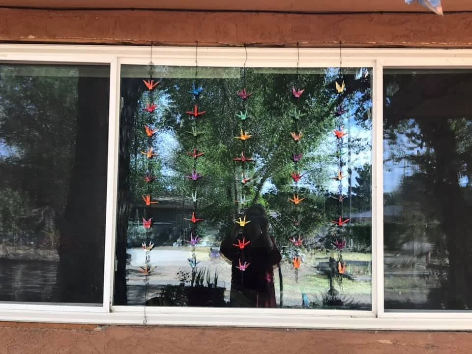 Origami cranes on string used as a bird-safe window design solution across residential window