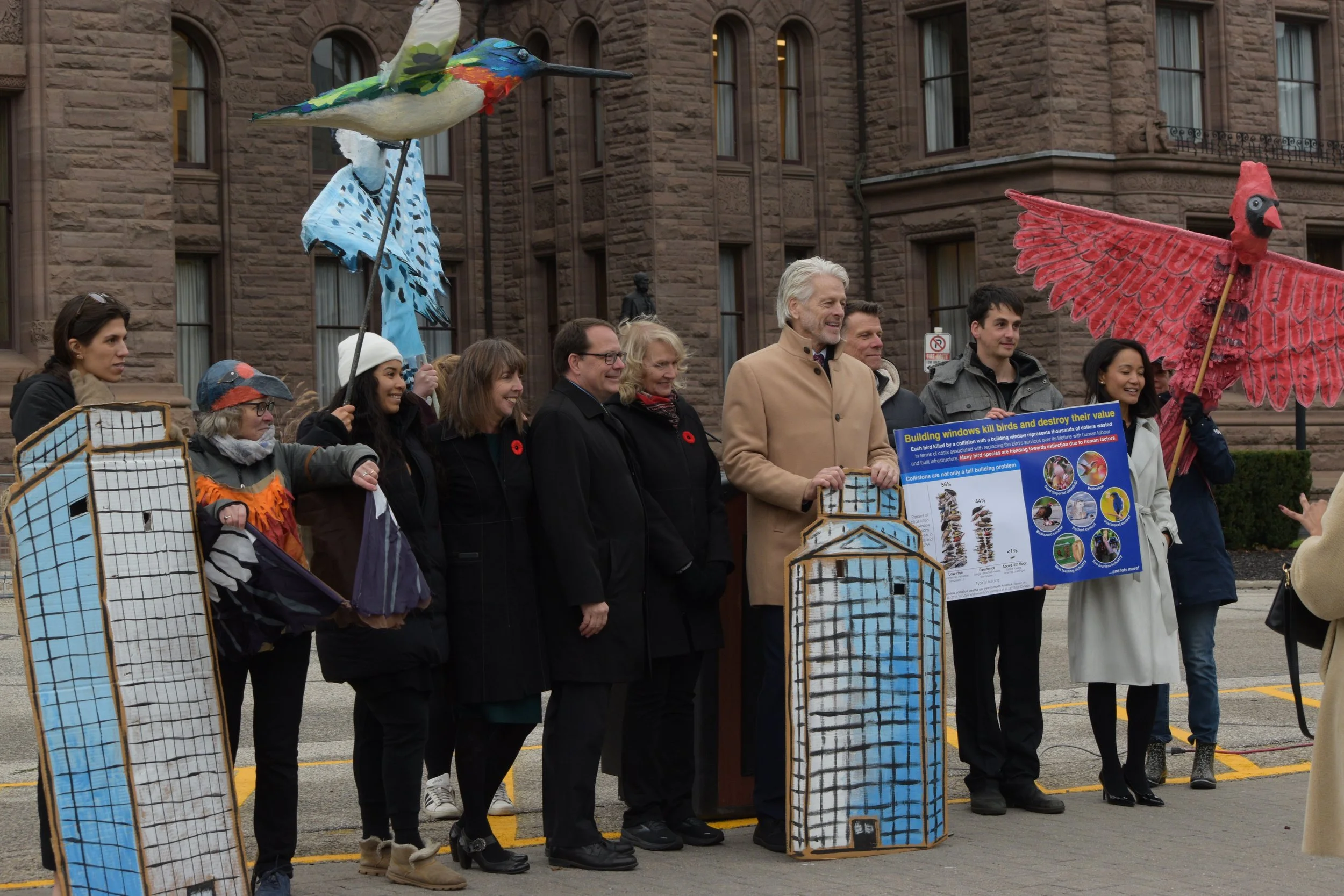 Chris Glover and FLAP volunteers advocating for bird safe solutions out front of Queen's Park with Mark Shriner and Mary Margaret McMahon