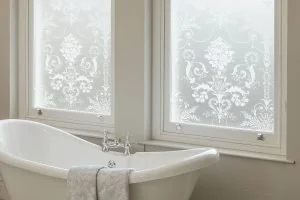 Bathroom window facing outside with frosted glass bird-friendly solution treatment
