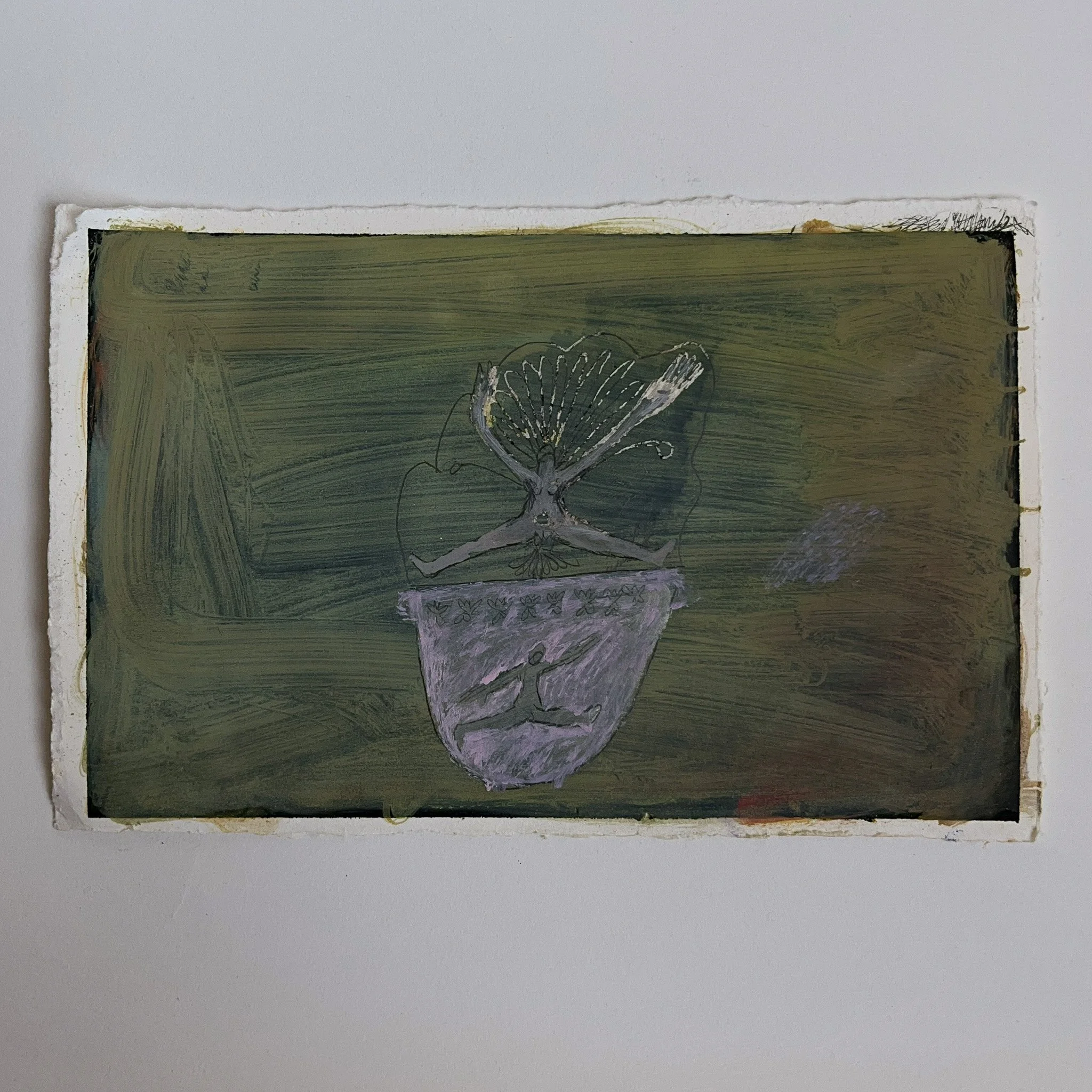 A hand-drawn illustration on a dark green background of a human figure with arms and legs outstretched, inside a flower pot with a floral pattern.