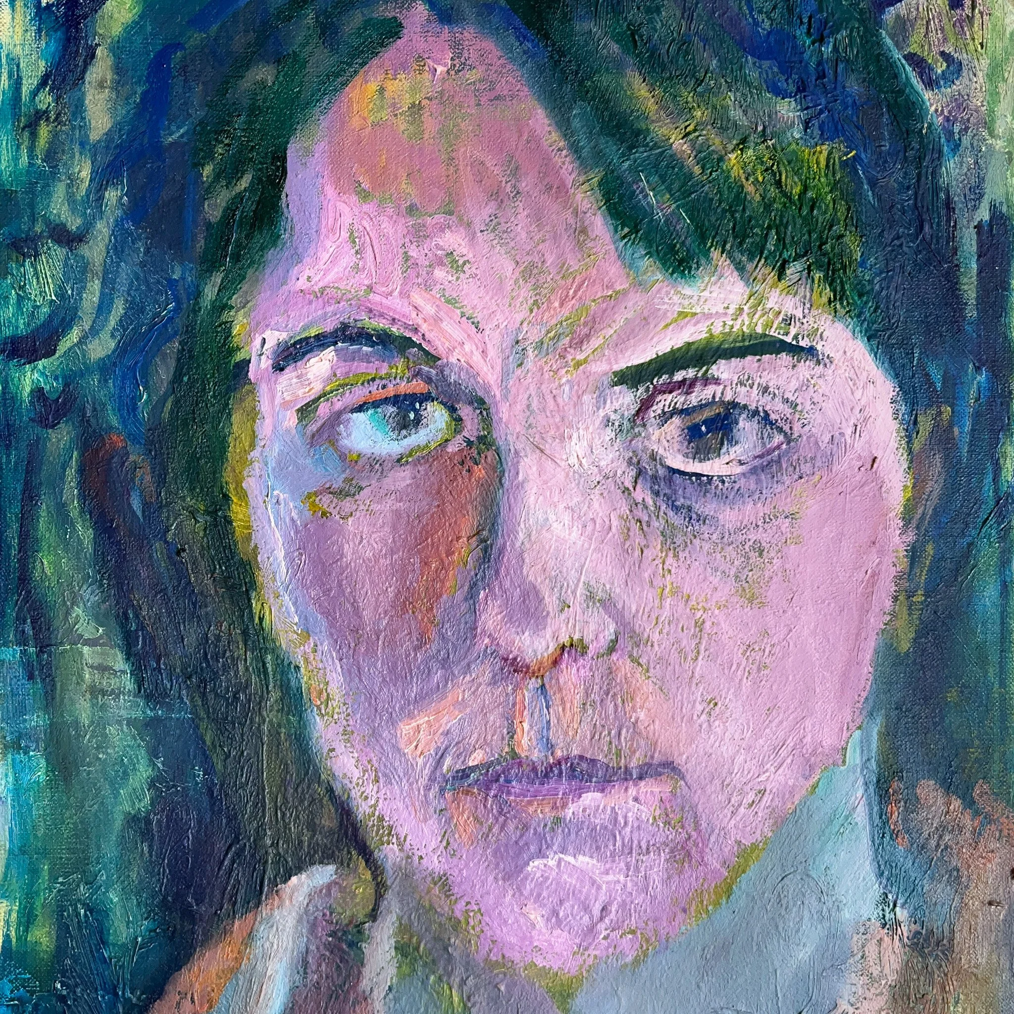 A colorful abstract portrait painting of a woman with dark hair, intense eyes, using brushstrokes and textured paint in shades of pink, purple, green, and blue.