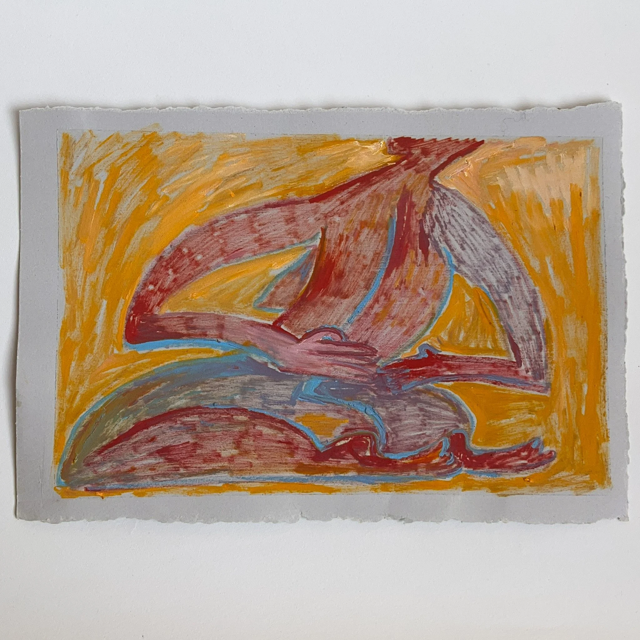 An abstract painting of a reclining figure with curves and bold colors, including red, purple, yellow, and blue, on a yellow background.