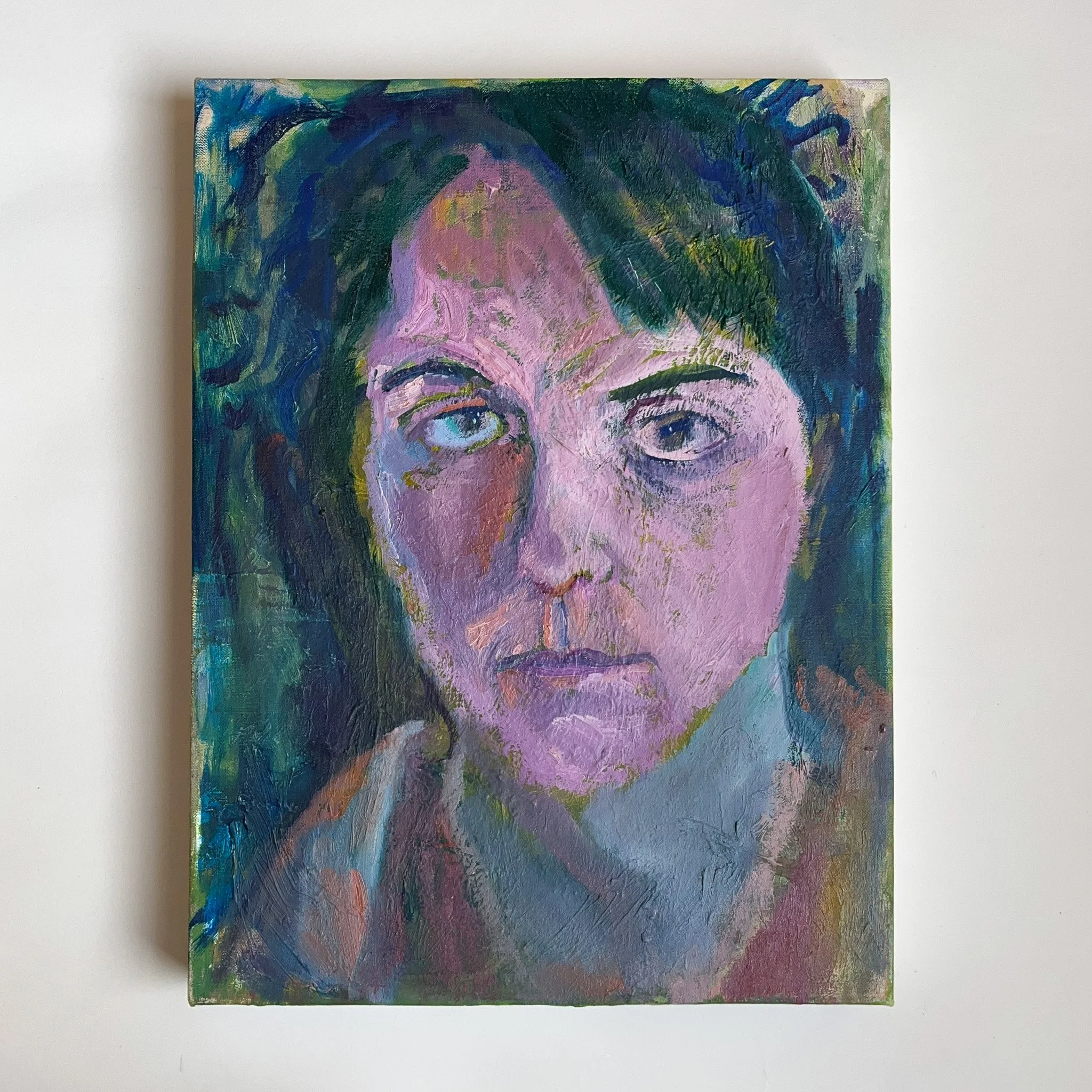 Abstract portrait of a woman with short dark hair, using bold brushstrokes and a mix of purple, blue, green, and brown colors.