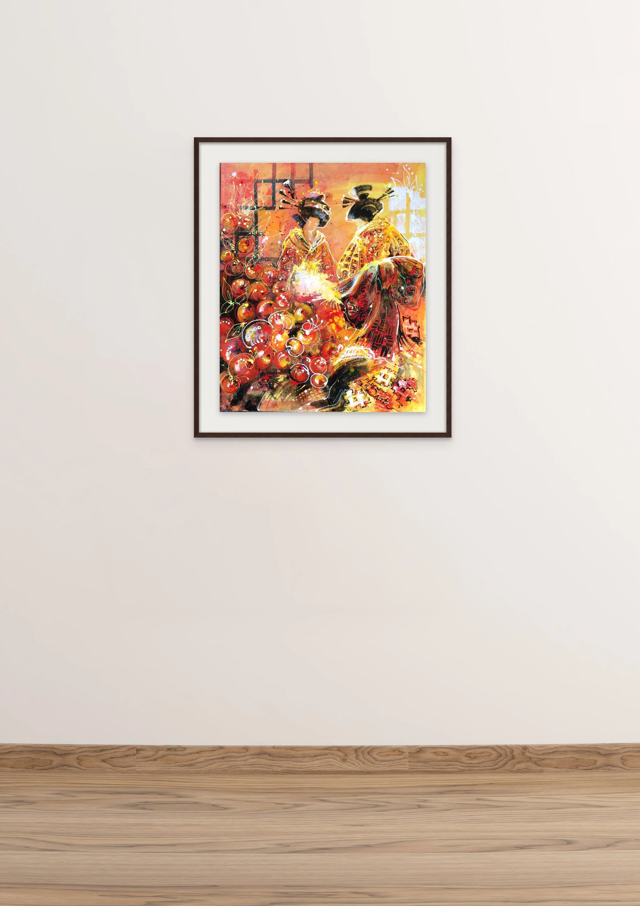 Colorful painting of two geishas in traditional Japanese attire, with one holding a fan and surrounded by orange and red spheres, hung on a white gallery wall.