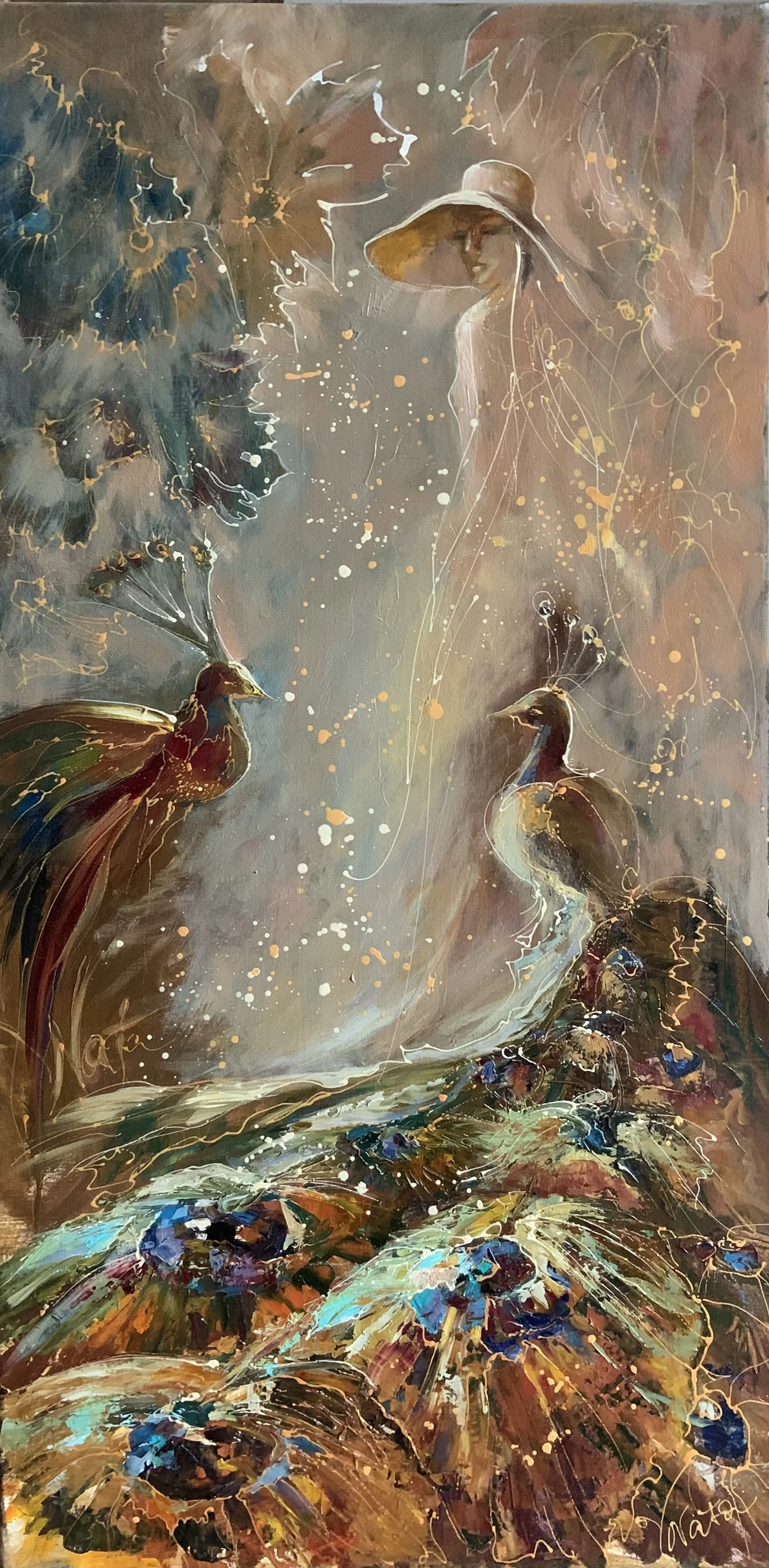 The Meeting
120 x 60

Abstract artistic painting featuring two hanging peacocks, a woman wearing a sun hat, flowers, and colorful, flowing brushstrokes.