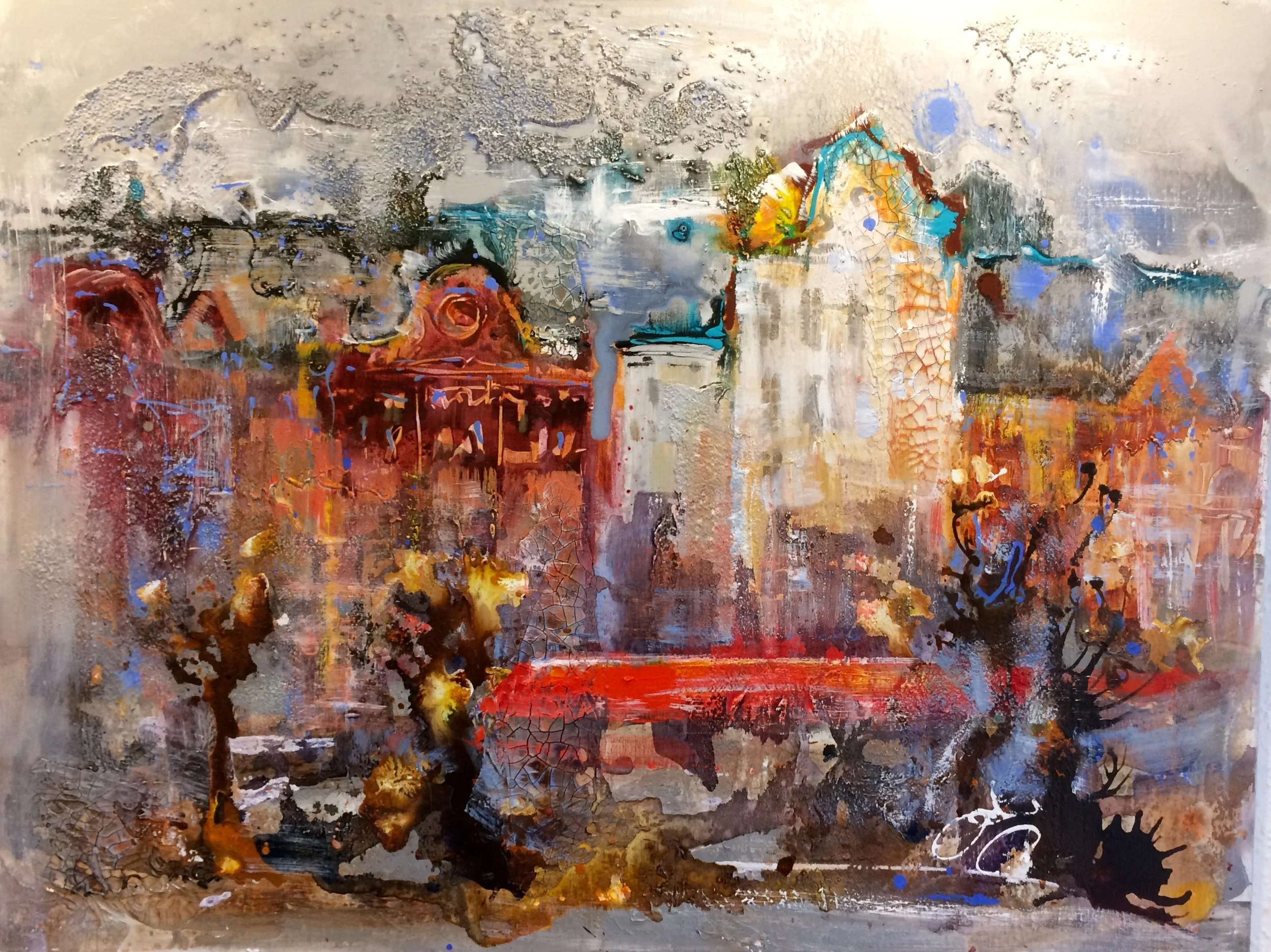 Copenhagen Train
80 x 100

Abstract painting of a city with church roofs, a tower, and buildings in warm and cool colors.