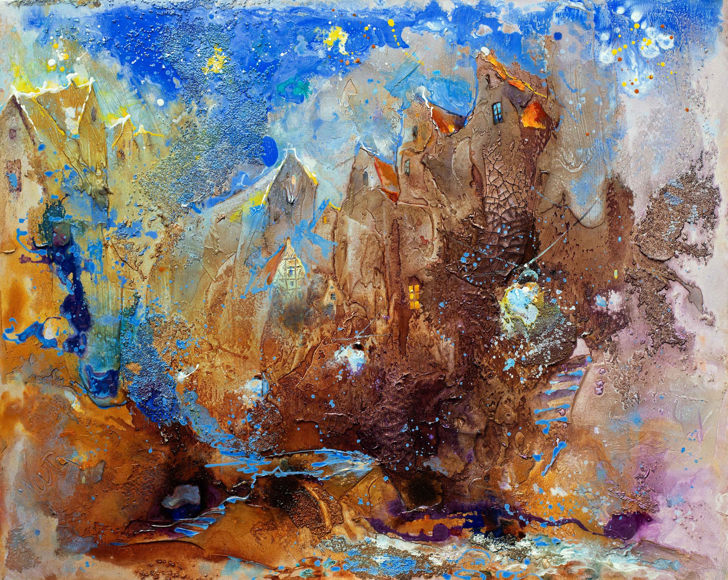 Adventure of H.C.Andersen
100 x 80

Abstract painting of a houses in Copenhagen with colorful, textured layers of blue, brown, and yellow, featuring small houses with glowing windows and a sky with splashes of bright colors.