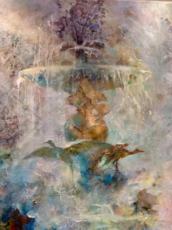 Storkespringvandet
150 x 100

Abstract painting of Copenhagen’s inner city with domed buildings, a fountain in the foreground, featuring textured and layered paint.