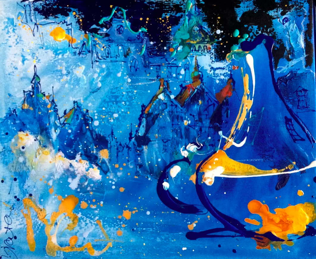 Abstract painting of a blue cityscape with castles, clouds, and a dragon, featuring splashes of white, gold, and orange.