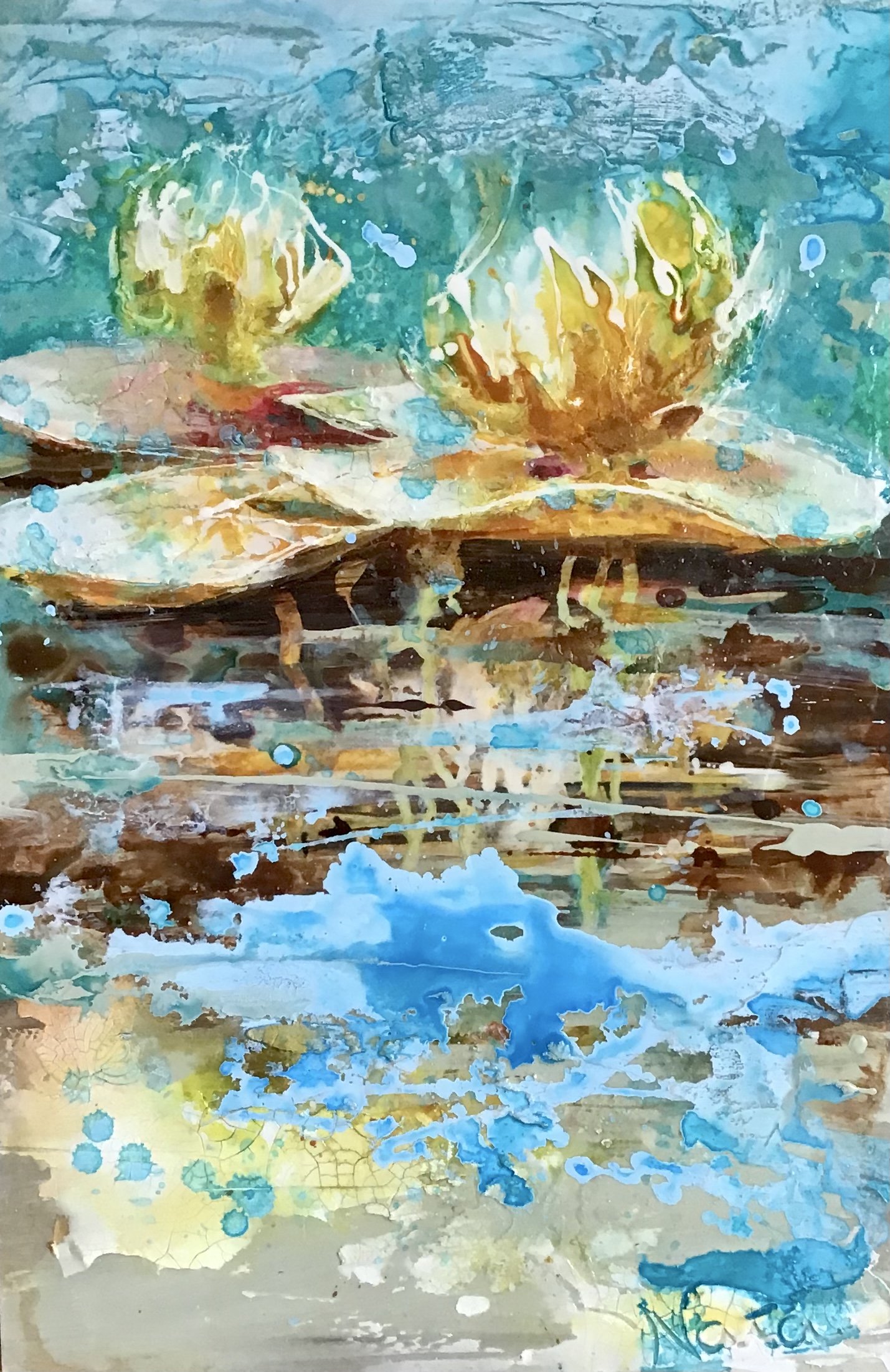 On Water 
60 x 40

An abstract watercolor painting of two lilies on water with reflections in the surface.