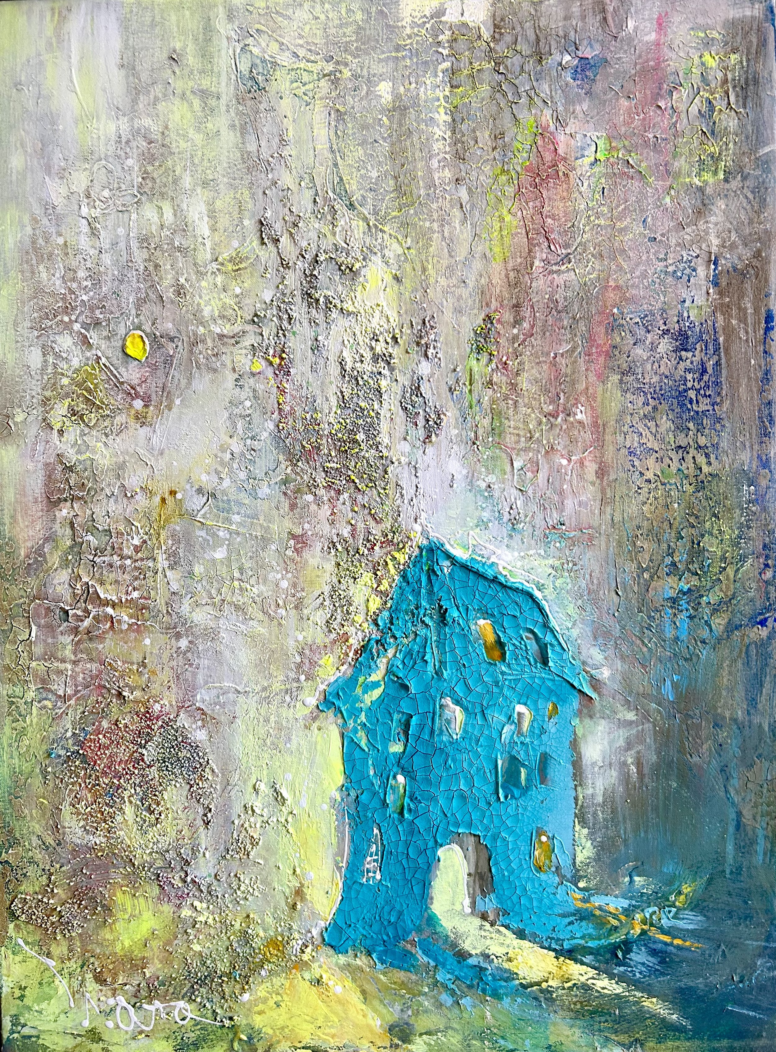 Abstrakt kunstværk med en blå struktureret form i midten, omgivet af pastel farver og teksturer.