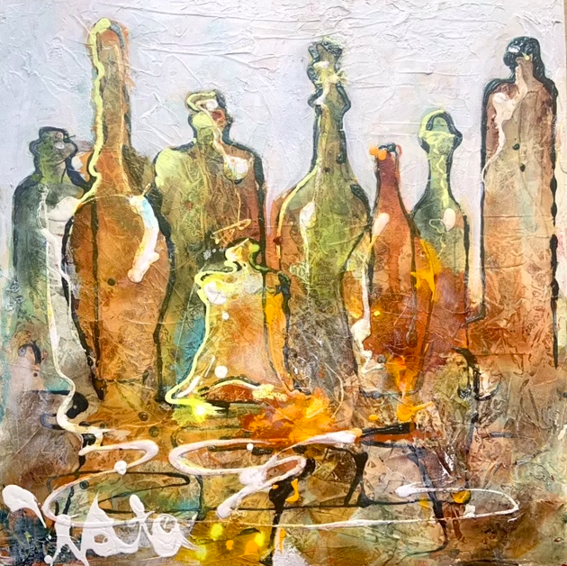 Abstract painting of a group of colorful bottles with a blended, textured background.