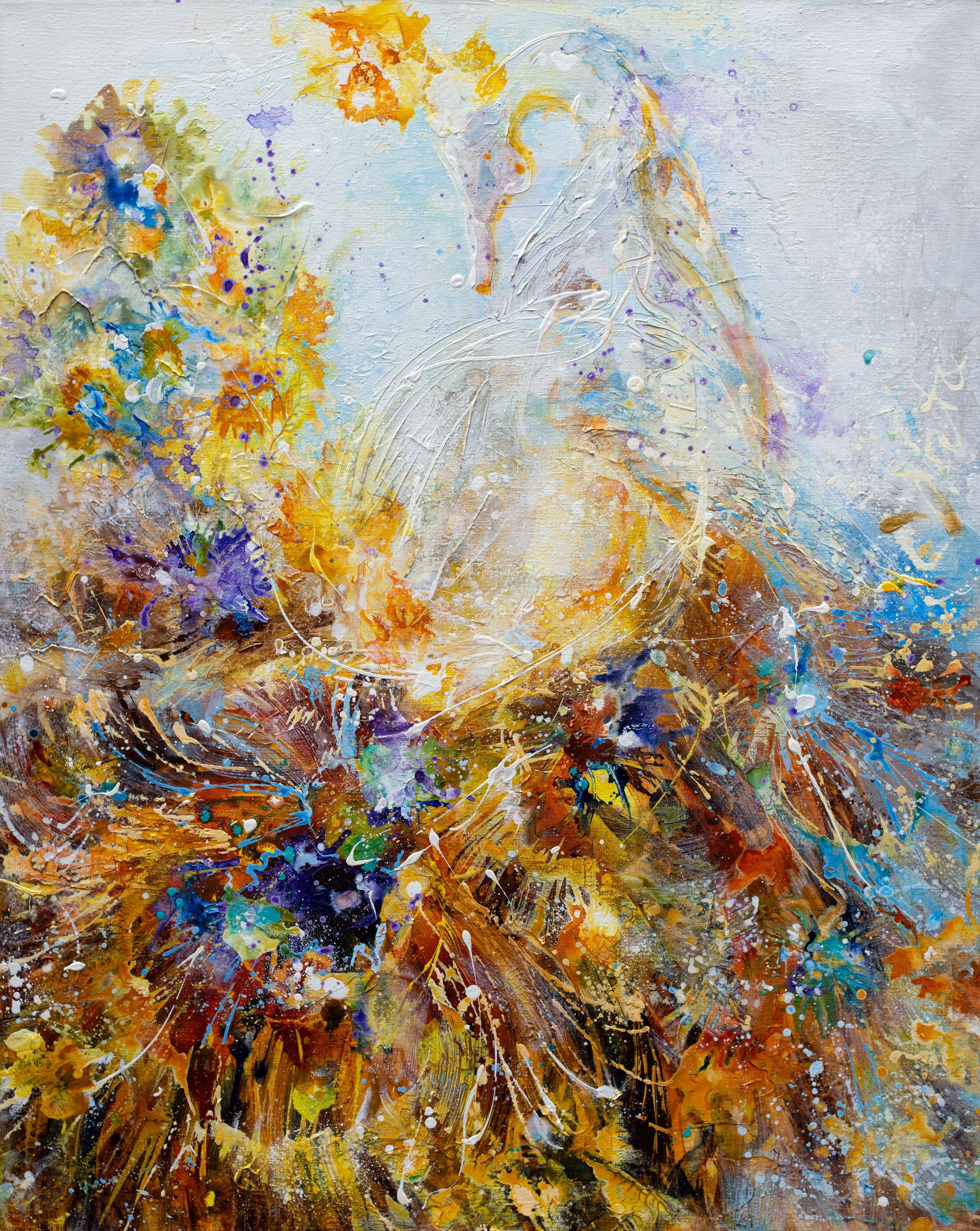 Enigma
100 x 80

Abstract expressionist painting with vibrant splashes of orange, yellow, purple, blue, and white, depicting a vague human figure and dynamic, energetic brushstrokes.