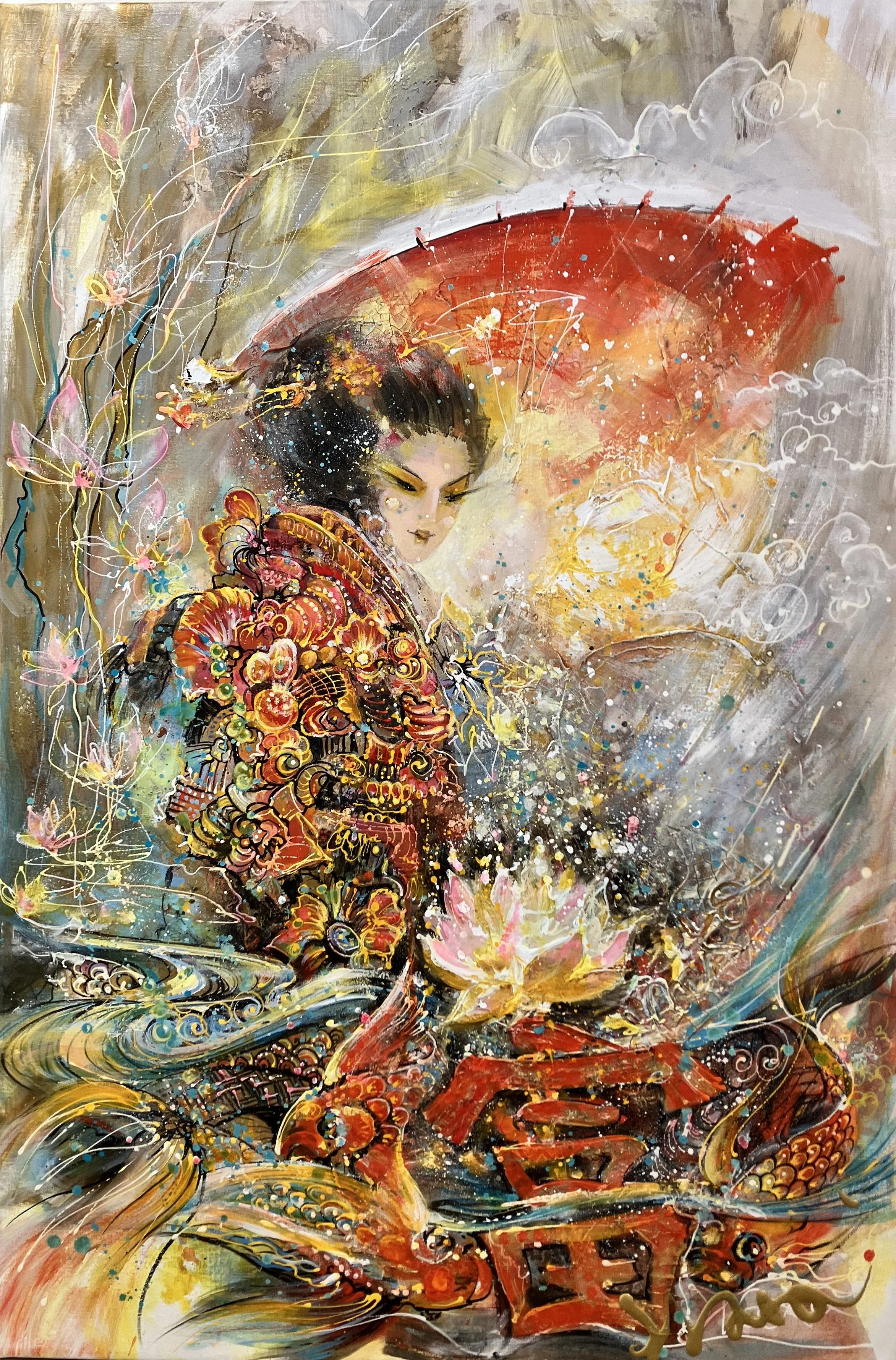 Japanese Reflection
120 x 80

A colorful painting of a Japanese woman wearing traditional clothing with an umbrella, surrounded by flowers and water with swimming fish.