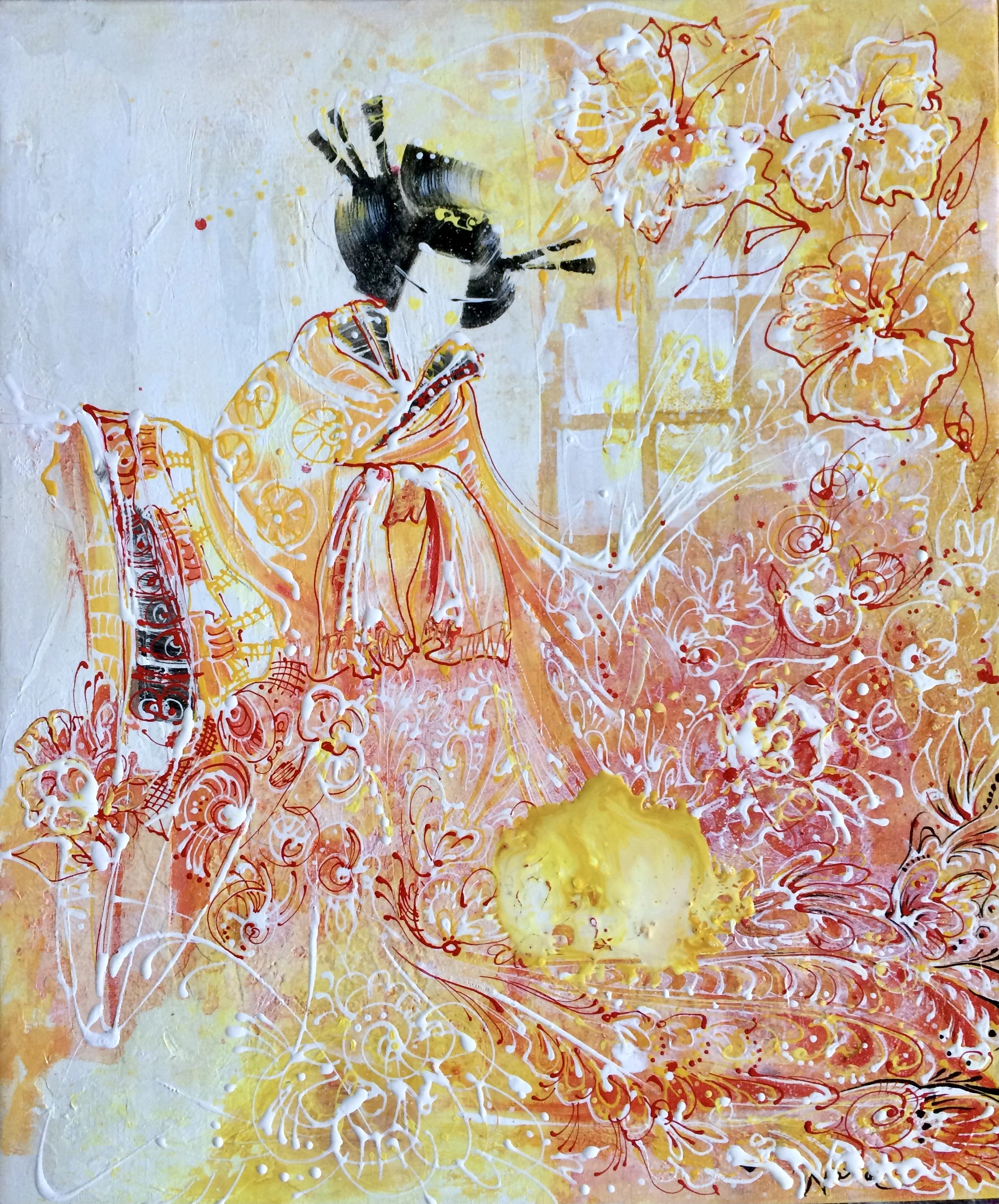 Geisha
60 x 50

Artwork depicting a women in traditional Japanese kimono, surrounded by flowers and abstract elements in warm colors.