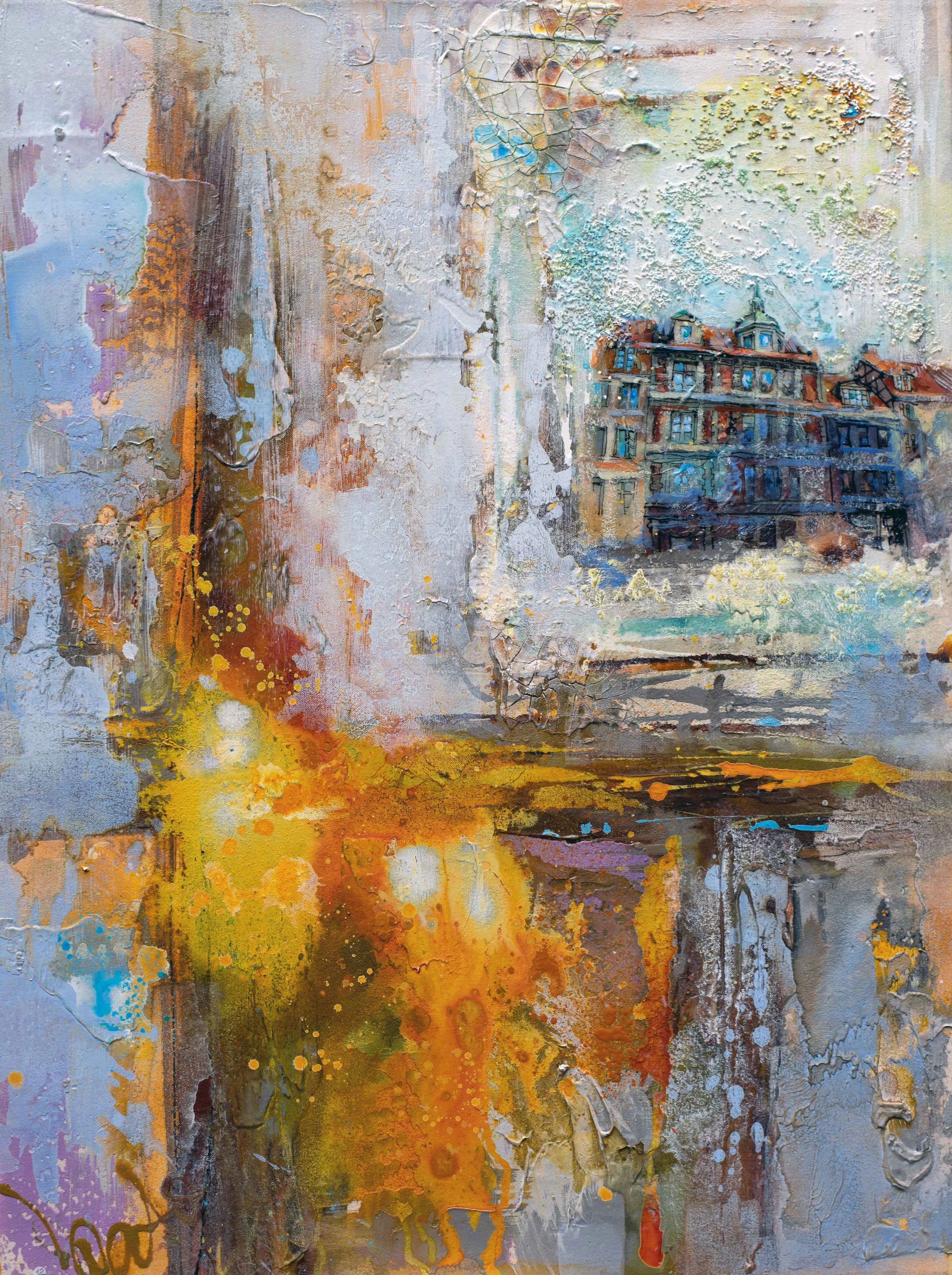 City Window 
80 x 60

Abstract painting of a window with a mix of warm colors like orange, yellow, and red, and cool colors like blue, gray, and purple. The painting features textured layers, a cityscape with buildings, and a reflective water surface