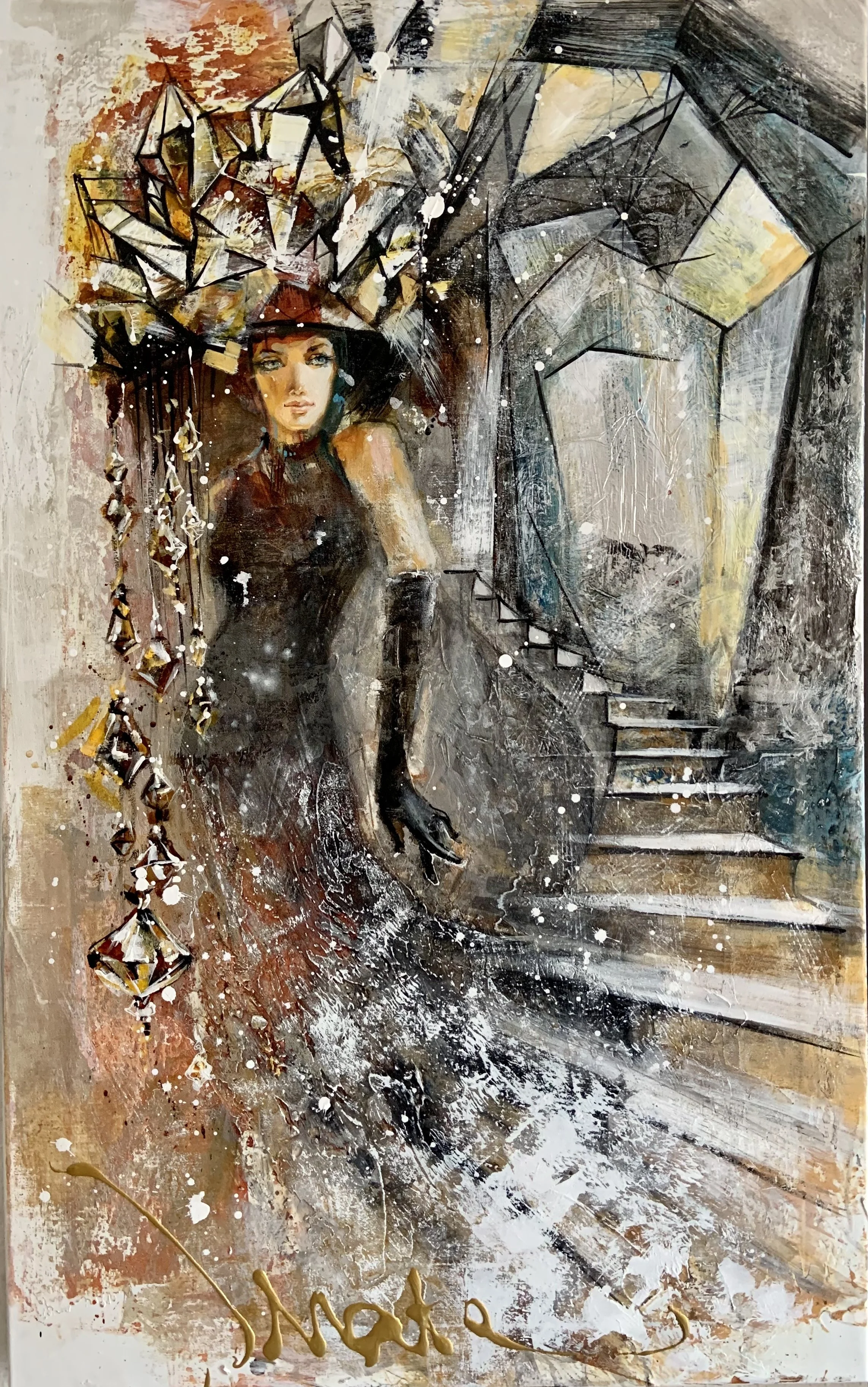Visiting the Crystal Lady
120 x 75

An abstract artwork featuring a female figure wearing a black dress and gloves, surrounded by geometric shapes and a spiral staircase, with the text “Note” at the bottom.