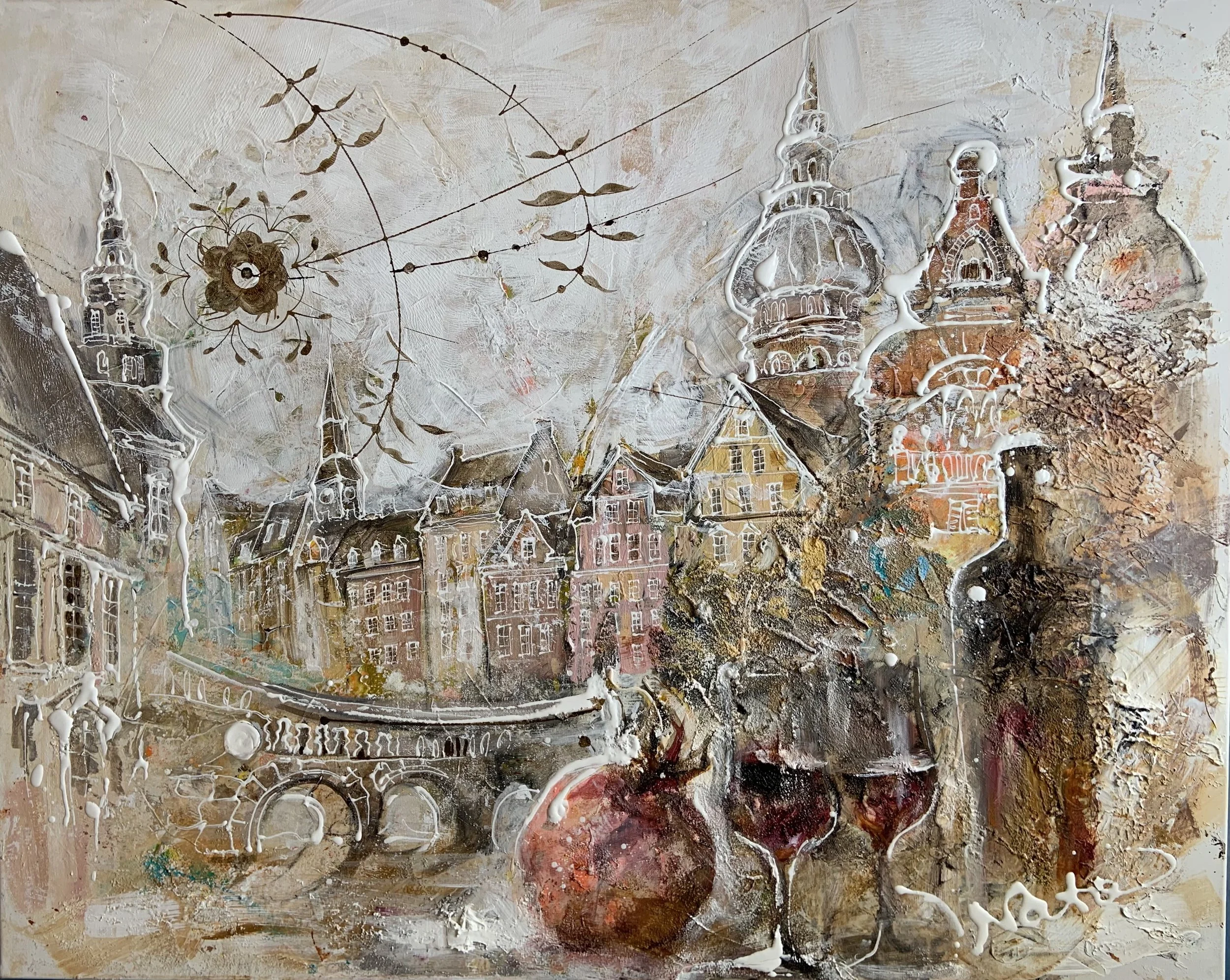 City
2 x 80 x 100

A painting of Copenhagen with old buildings, a bridge, church towers, and two glasses of wine, set against a textured, abstract background.