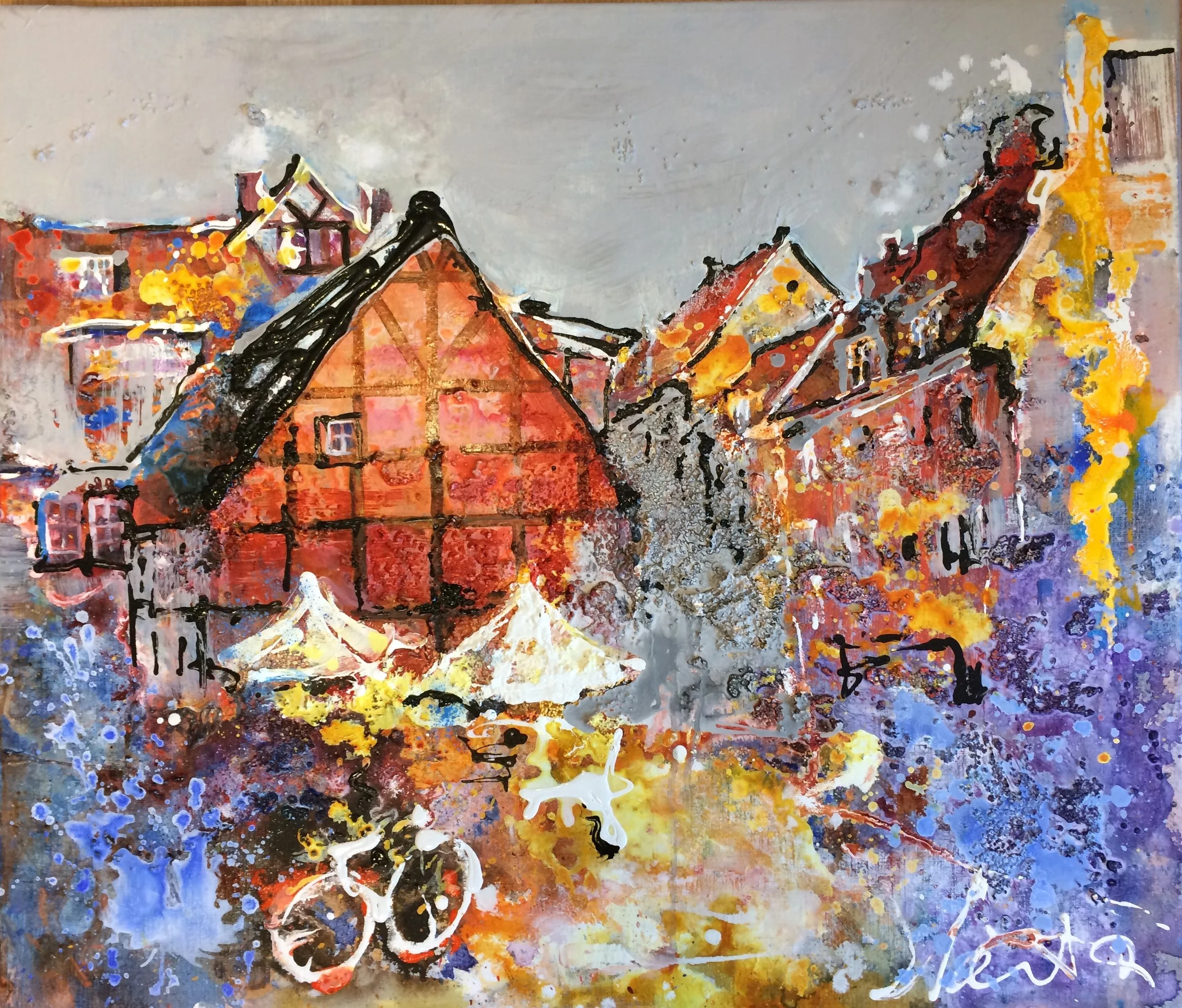 City Bike
60 x 50

Abstract painting of Danish townhouses with roofs highlighted in red, orange, and black, surrounded by colorful expressive brushstrokes in blue, yellow, purple, and gray.