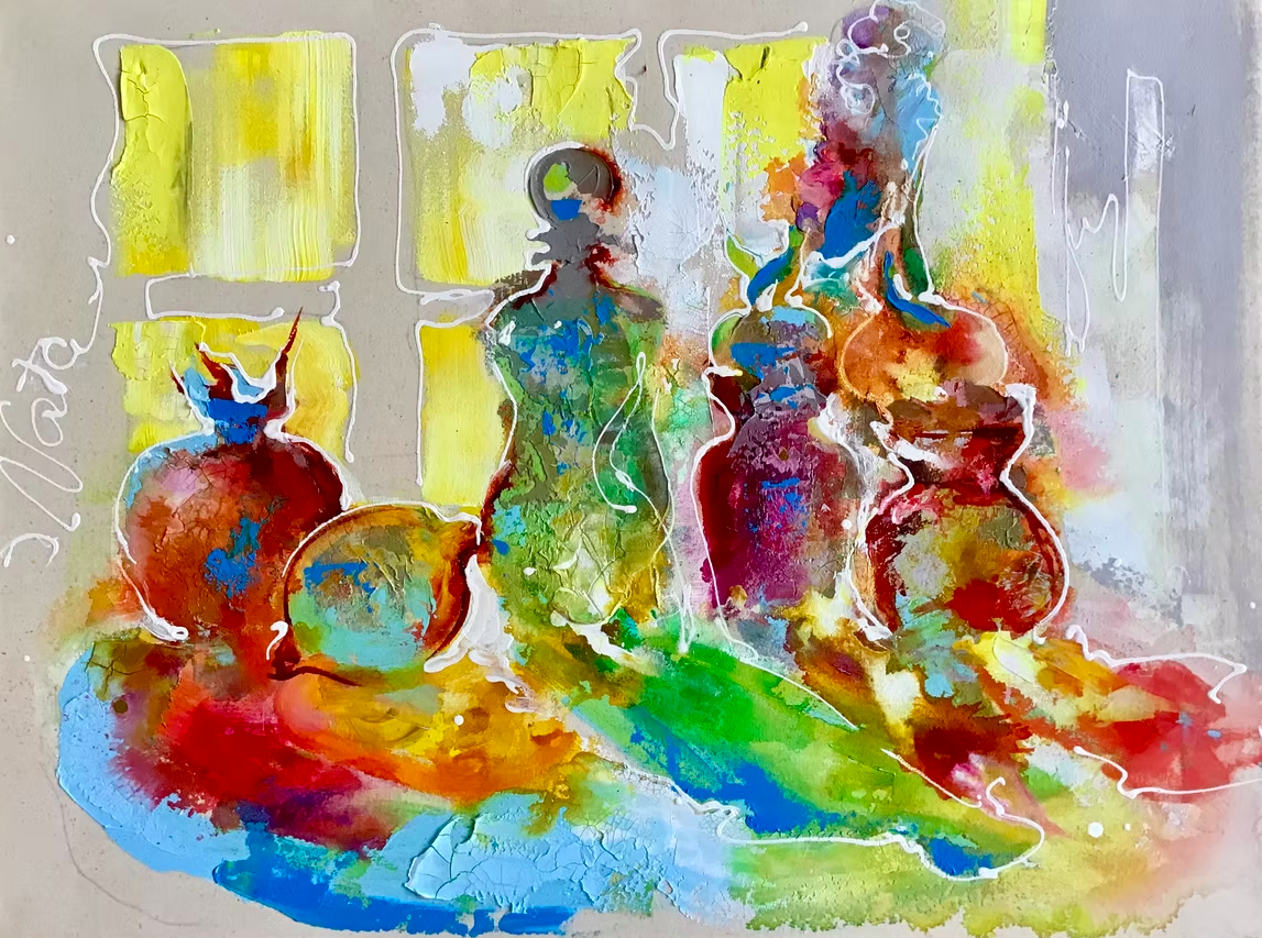 Abstract watercolor painting of five colorful vases and pots with plants, set against a background with yellow window panes.